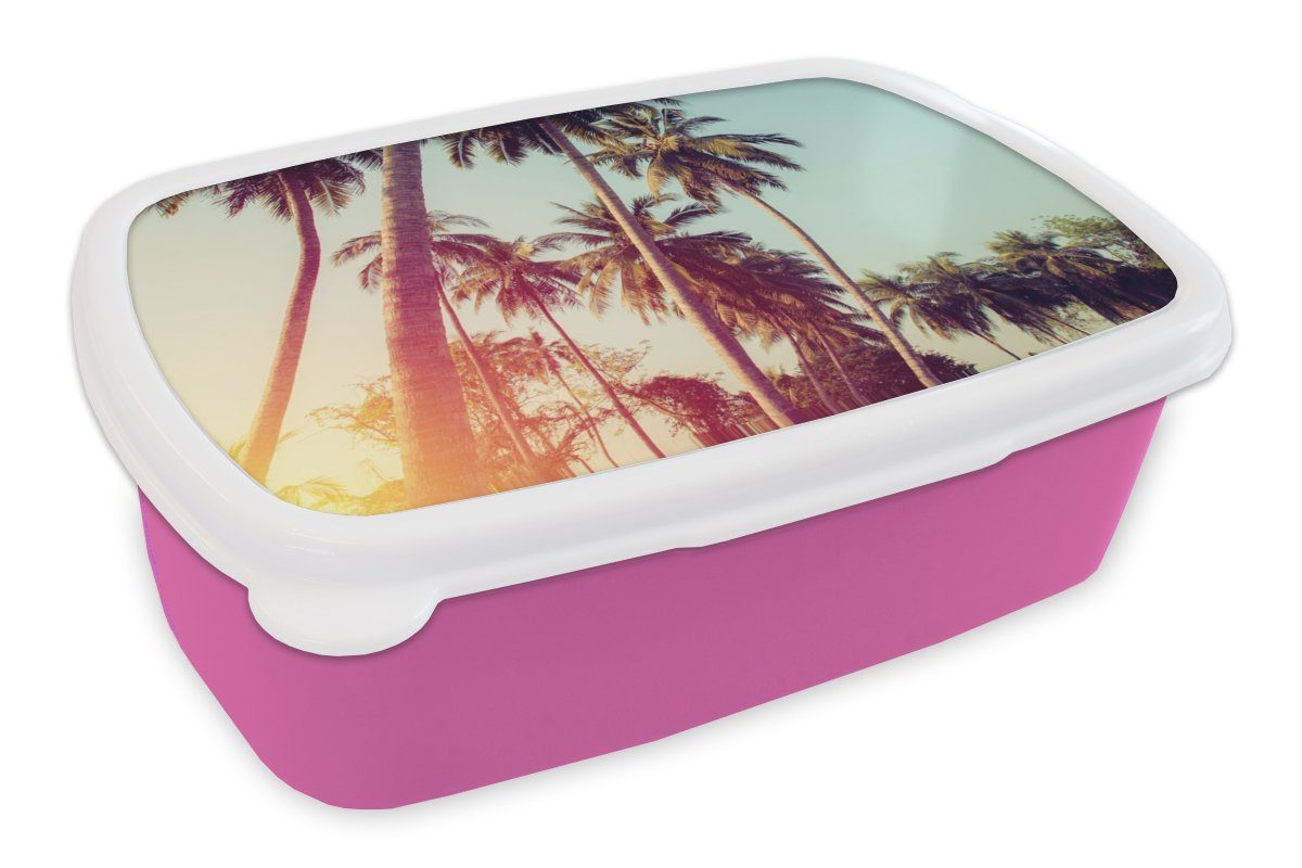 MuchoWow Lunchbox Palme - Sommer - Retro - Sonne, Kunststoff, (2-tlg), Brotbox für Erwachsene, Brotdose Kinder, Snackbox, Mädchen, Kunststoff rosa