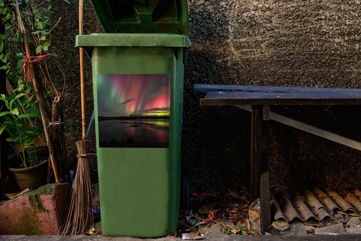 Abfalbehälter Farben Container, St), (1 Wandsticker - Mülltonne, - Island Mülleimer-aufkleber, MuchoWow Sticker, Nordlichter