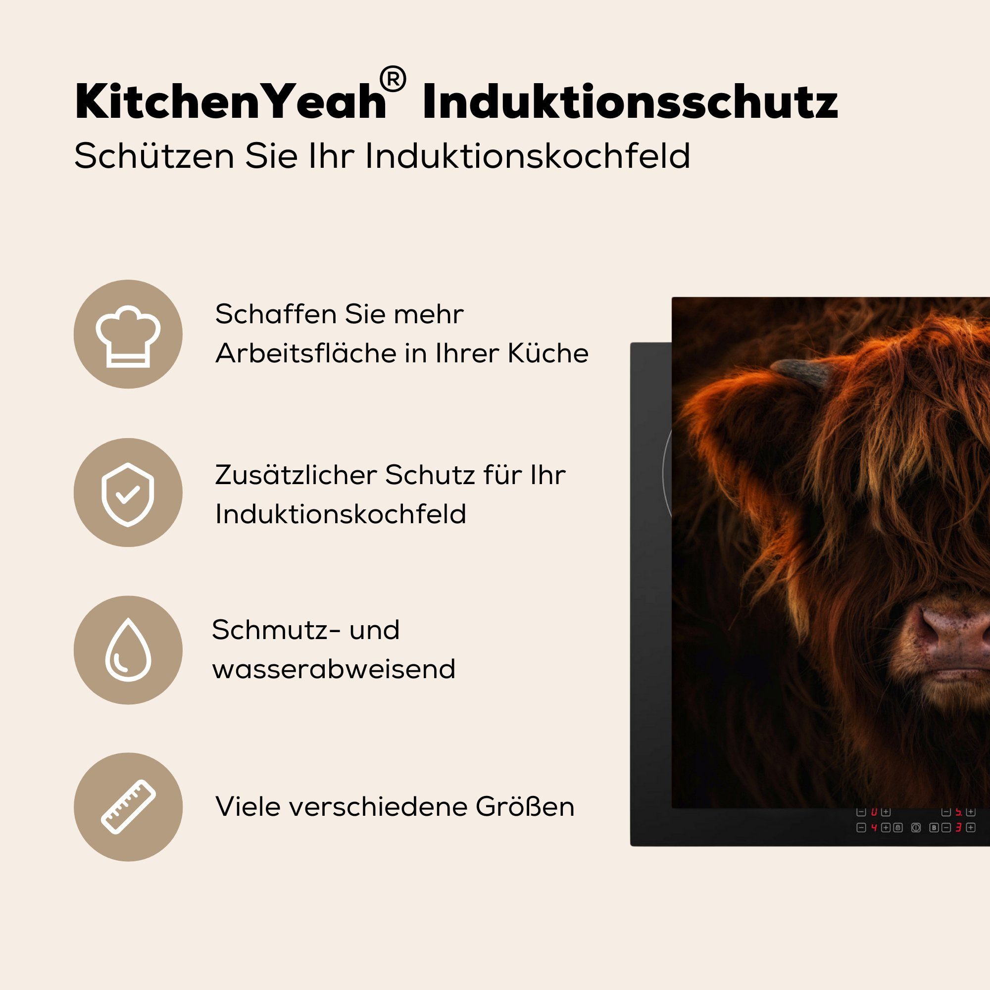 MuchoWow - Highlander - Kuh Induktionskochfeld, Vinyl, Tiere, Induktionsschutz, tlg), Ceranfeldabdeckung Herdblende-/Abdeckplatte - 57x51 (1 cm, Porträt Schottischer