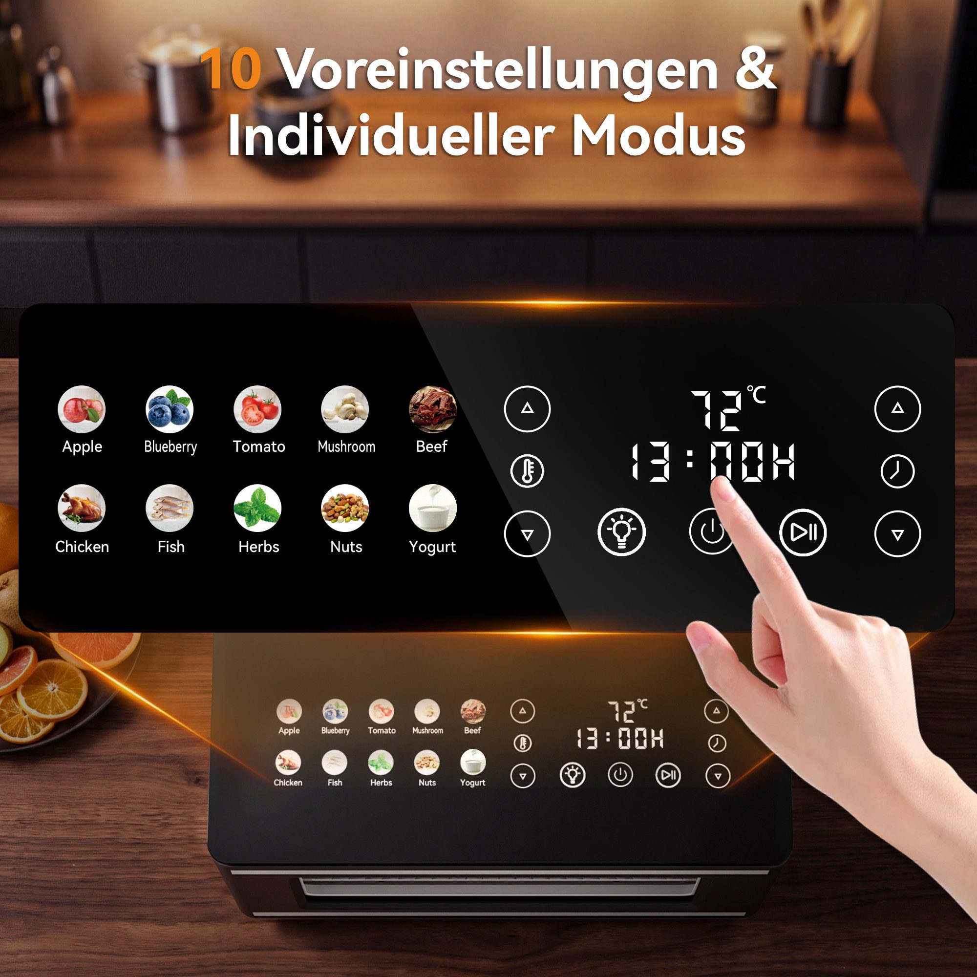 Furnicopia Dörrautomat Edelstahl Lebensmitteltrockner – 10 Tabletts, 48h, 850W 550 W, 6 Etagen, 360°-Umluft, 24-h-Warmhalten, für Obst, Jerky u. a., inkl. Rezep – Bild 2 von 5