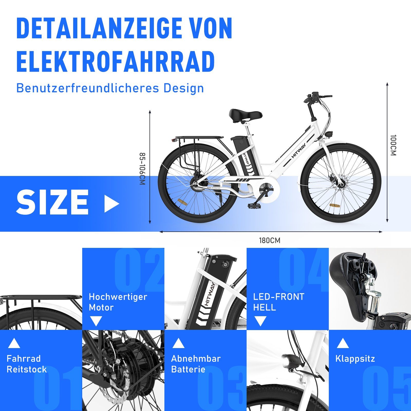 HITWAY E-Bike, 250W E-fahrräde 36V8.4AH Akku Abnehmbarer Weiß Hollandräder