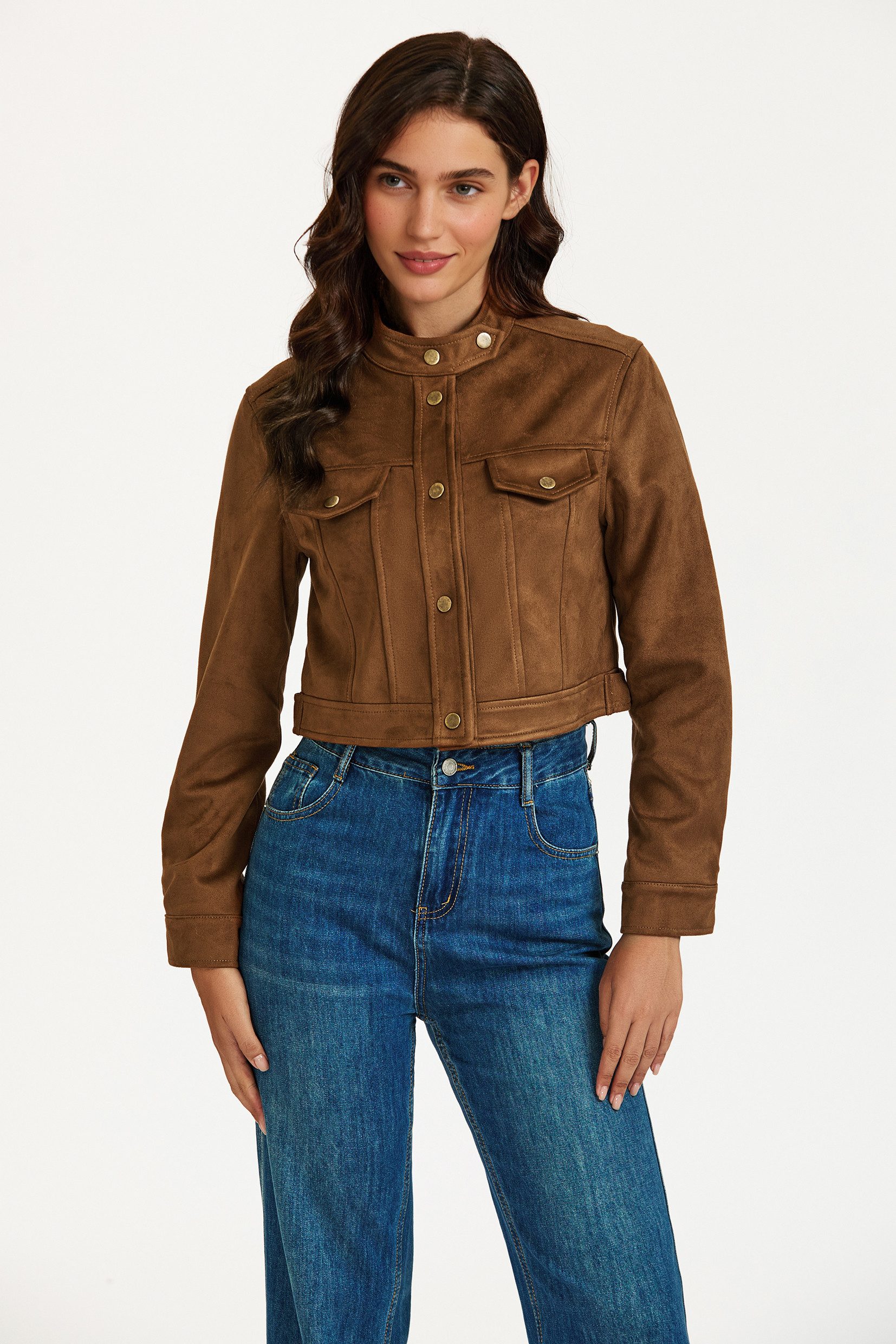 FS Collection Lederimitatjacke Damen Kunstlederjacke in Camel -Cropped Kurzjacke aus Lederimitatjacke (Größen: S, M, L, XL) 96,3 % Polyester, 3,7 % Elasthan
