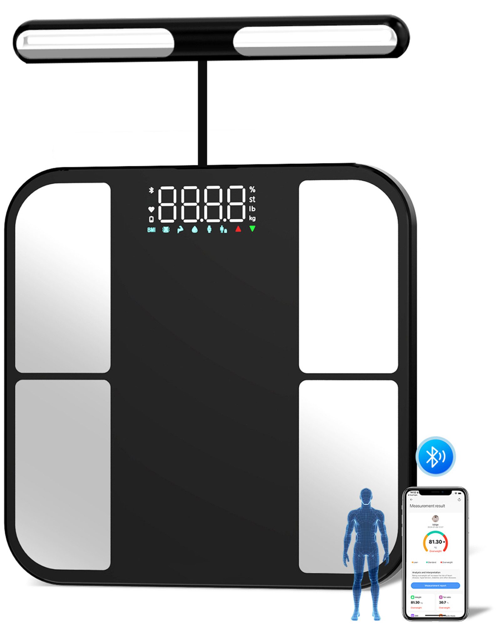 ibettertec Körper-Analyse-Waage Digitale Bluetooth-Waagen mit Handsensoren die Körperfettwaage messen, mit App zur Übertragung und Tracking der Messwerte, Full Body Scan, BMI, Körperfett, Wasser & Muskelanteil, bis zu 180 kg