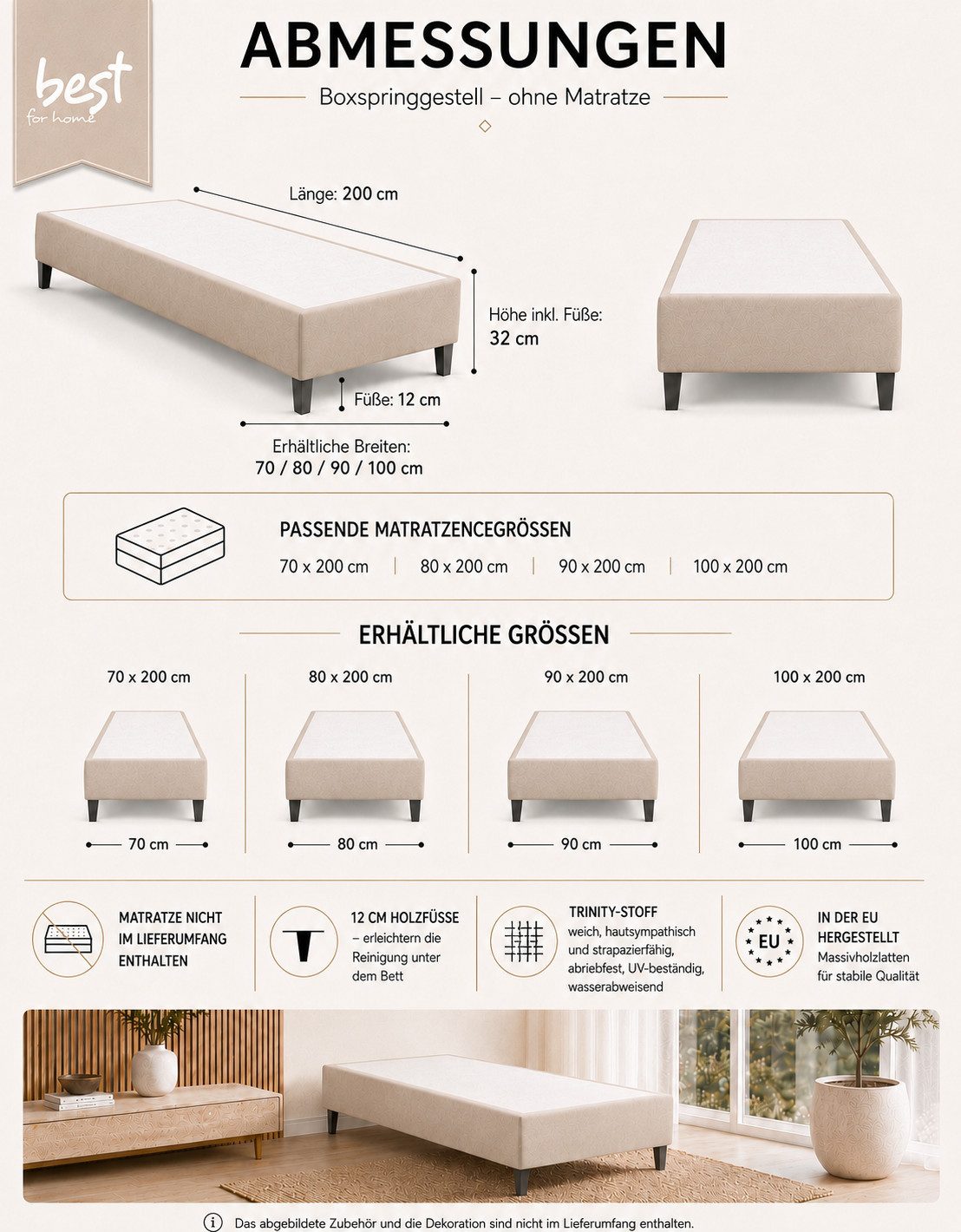 Best for Home Boxspringbett Rahmen – Massivholz, 12 cm Füße, Stabil & Zuverlässig (Seniorebett, Matratze, Jugendbett, Kinderbett, 70x200 80x200 90x200 100x200 c – Bild 5 von 5