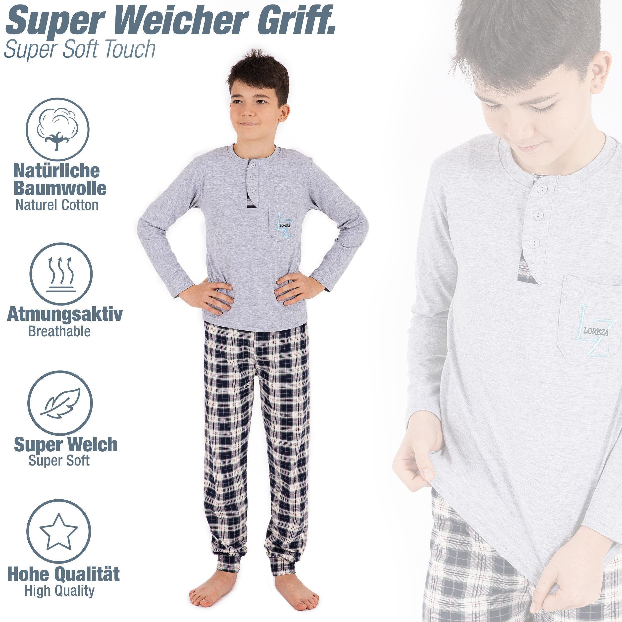 Langarm Pyjama 2 kariert tlg) LOREZA aus Baumwolle zweiteiliger Jungen Grau Schlafanzug (Set,