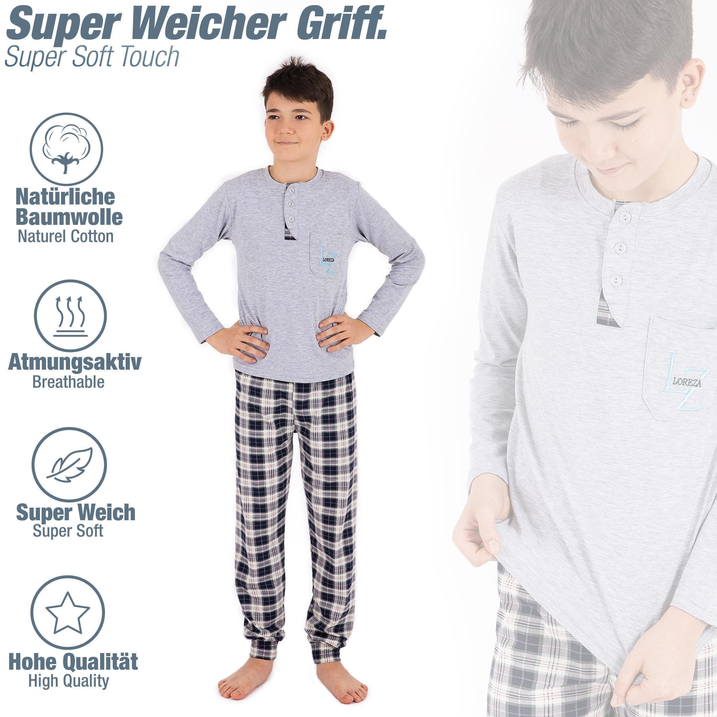 LOREZA Pyjama Jungen Schlafanzug zweiteilig Langarm - Kariert - Mehrfarbig (Set, 2 tlg)