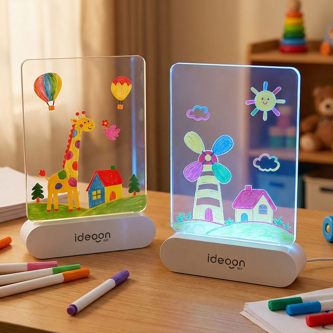 shop'n smile ideoon Wandtafel Kreative LED Acryl Maltafel für Kinder, (2-tlg), mit Akku & 7 Buntstifte