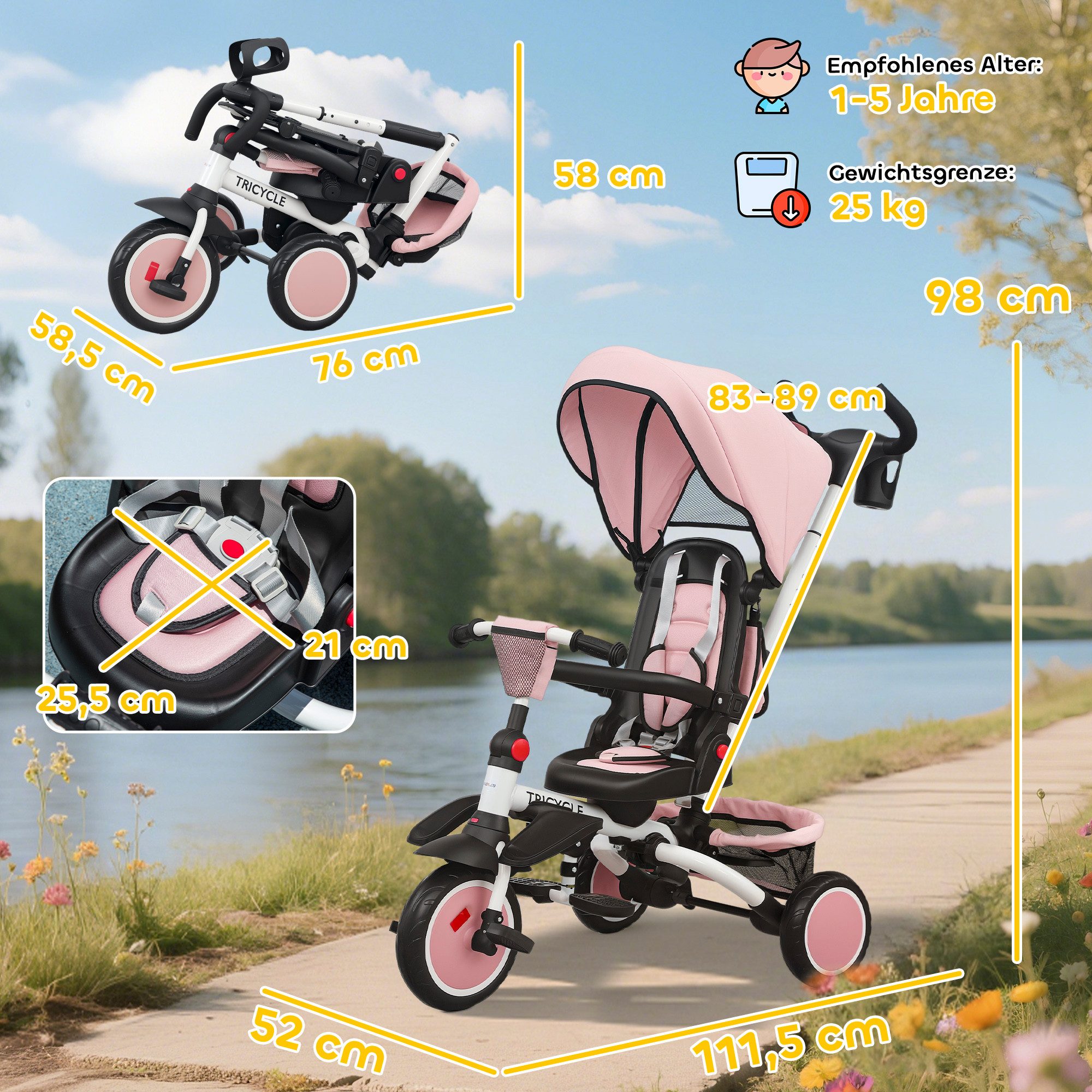 AIYAPLAY Dreirad 6in1 mit Schubstange Faltbar Kinderdreirad mit drehbarem Sitz, für 1-5 Jahre Rosa