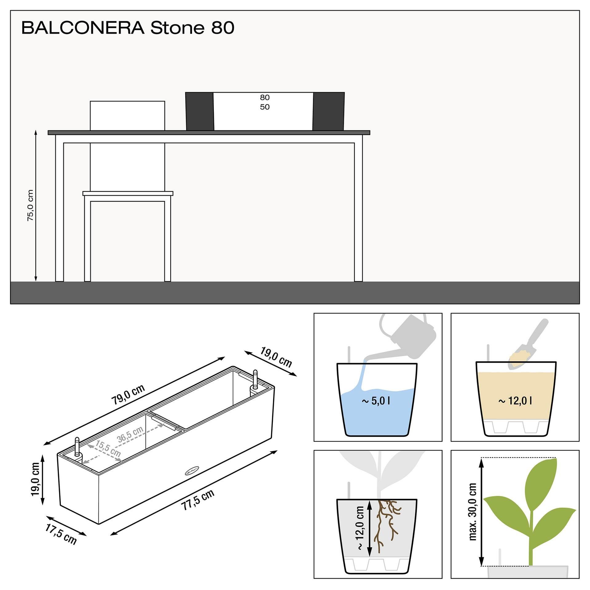 Lechuza® Balkonkasten Balconera Stone sandbeige Wasserspeicher 80 St) (1