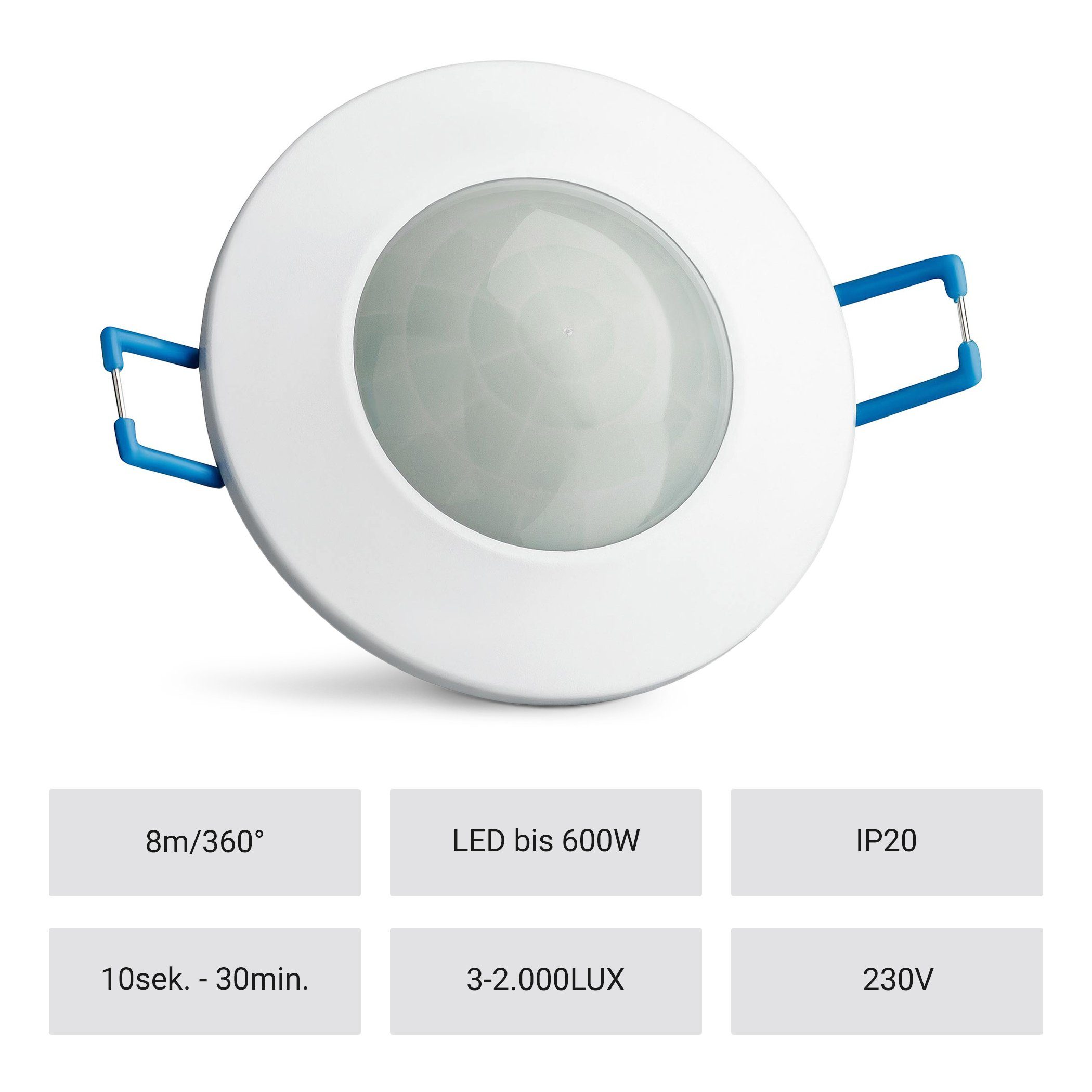 SEBSON Bewegungsmelder Infrarot Sensor Unterputz Aufputz Decke - Reichweite 8m / 360° Winkel, (1-St), Aufputz Adapter, LED geeignet, programmierbar, 3 Draht, Ø79x40mm