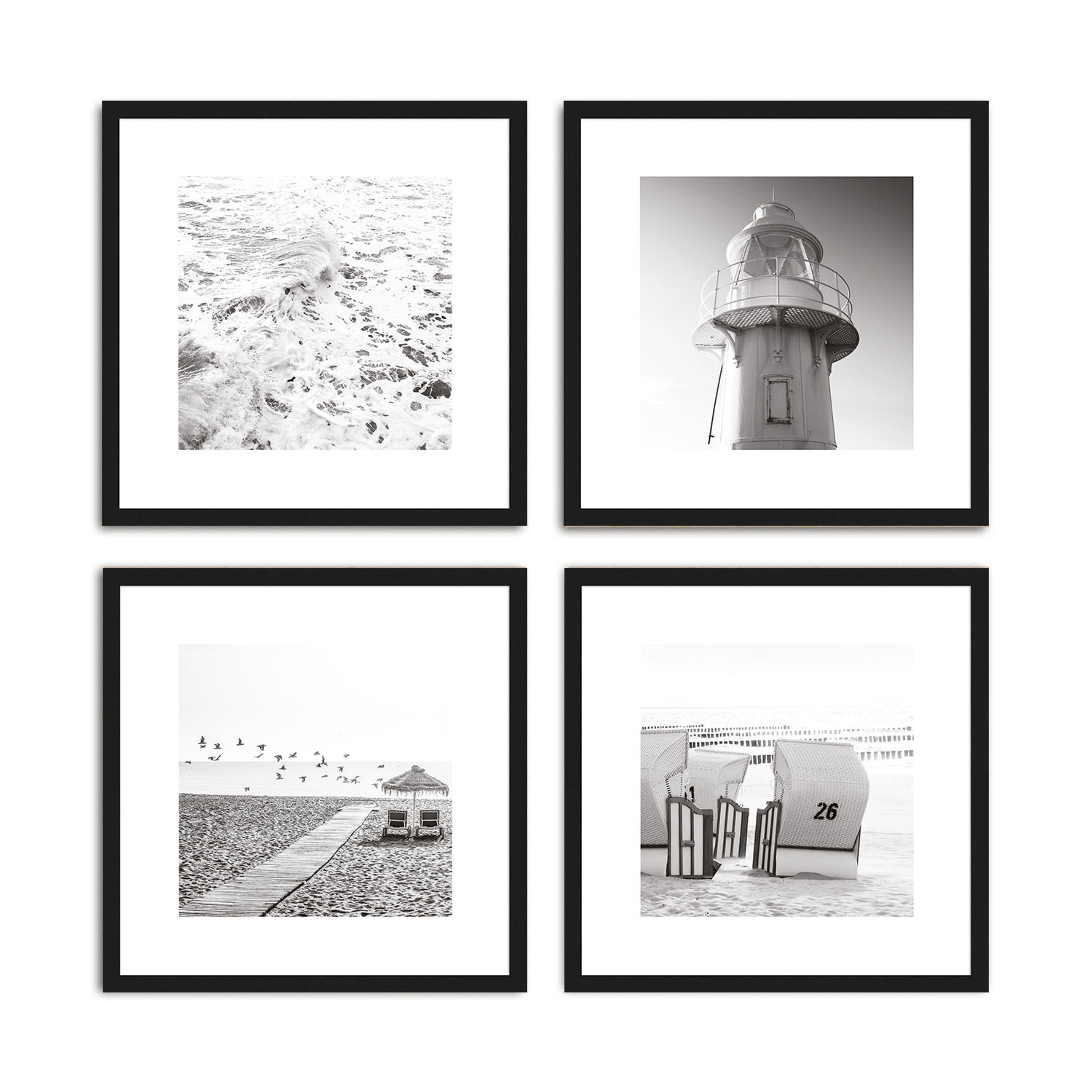 artissimo Bild mit Rahmen Design-Poster-Set mit Rahmen 4x30x30cm Bilder-Set gerahmt schwarz-weiß, Schwarz-Weiß Fotos: Strand und Meer