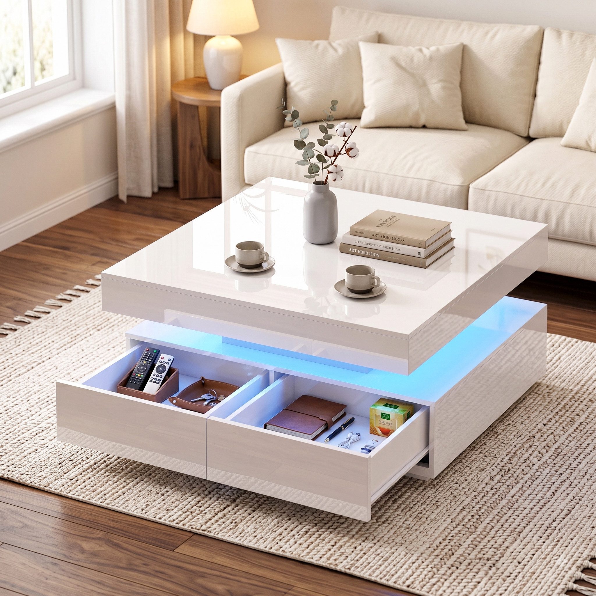 Hyaapwod Couchtisch Hochglanz-Couchtisch mit Schubladen und LED-Beleuchtung (1-St), 78×78×38cm, weiß