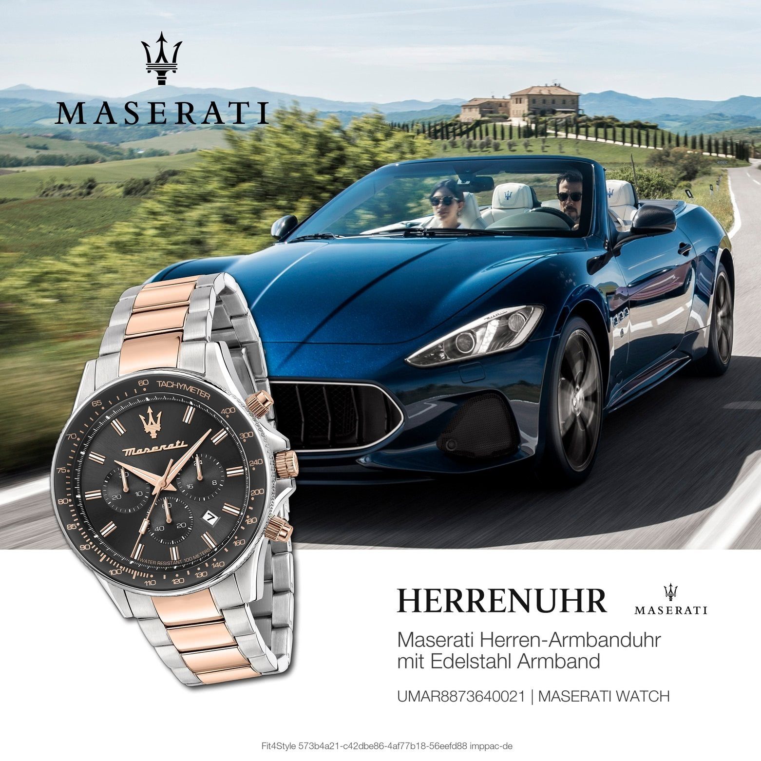 Chronograph MASERATI schwarz Herrenuhr Italy Chrono, bicolor, (ca. rund, Herrenuhr Maserati groß 44mm) Sfida Edelstahlarmband, Made-In