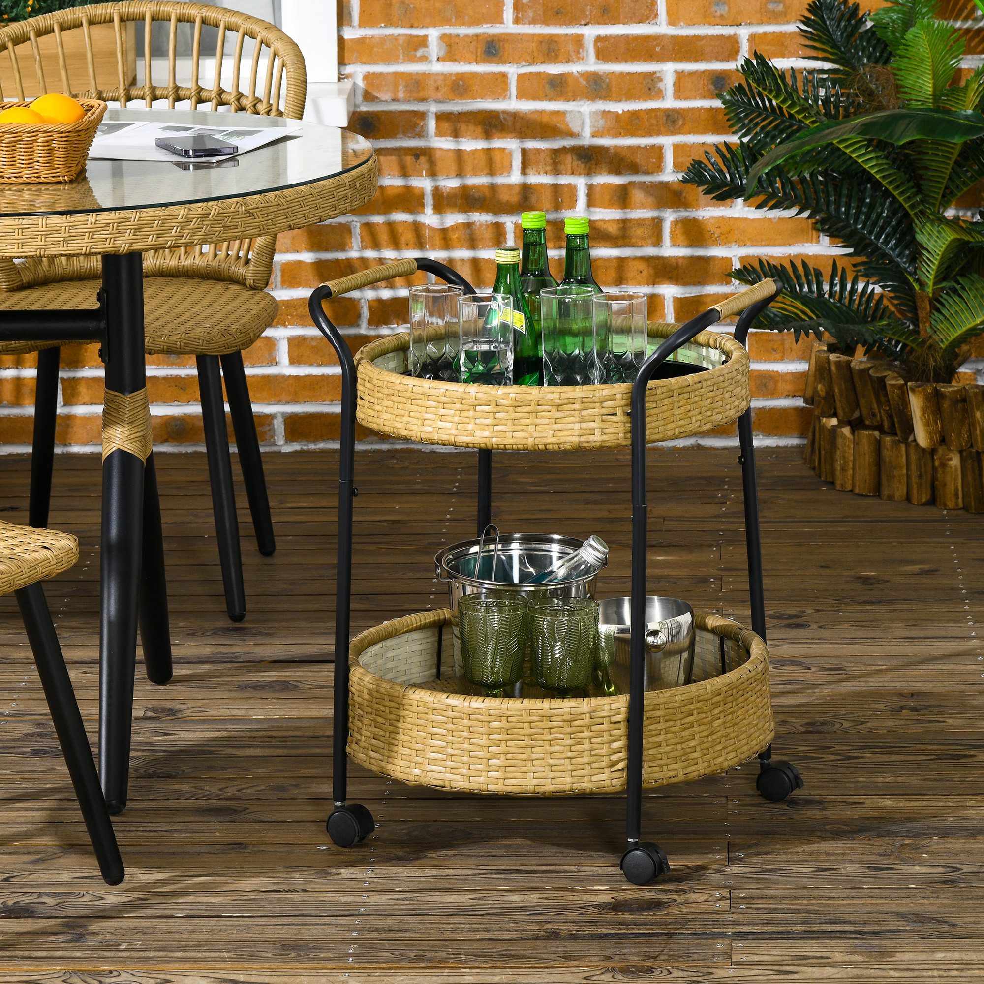 Outsunny Servierwagen Rattan Trolley mit 2 Regalen, Runde Küchenwagen mit Griffen, (Barwagen, 1 St., Gartenrollwagen), für Balkon, Stahlrahmen, Natur, Φ50 x 66 cm