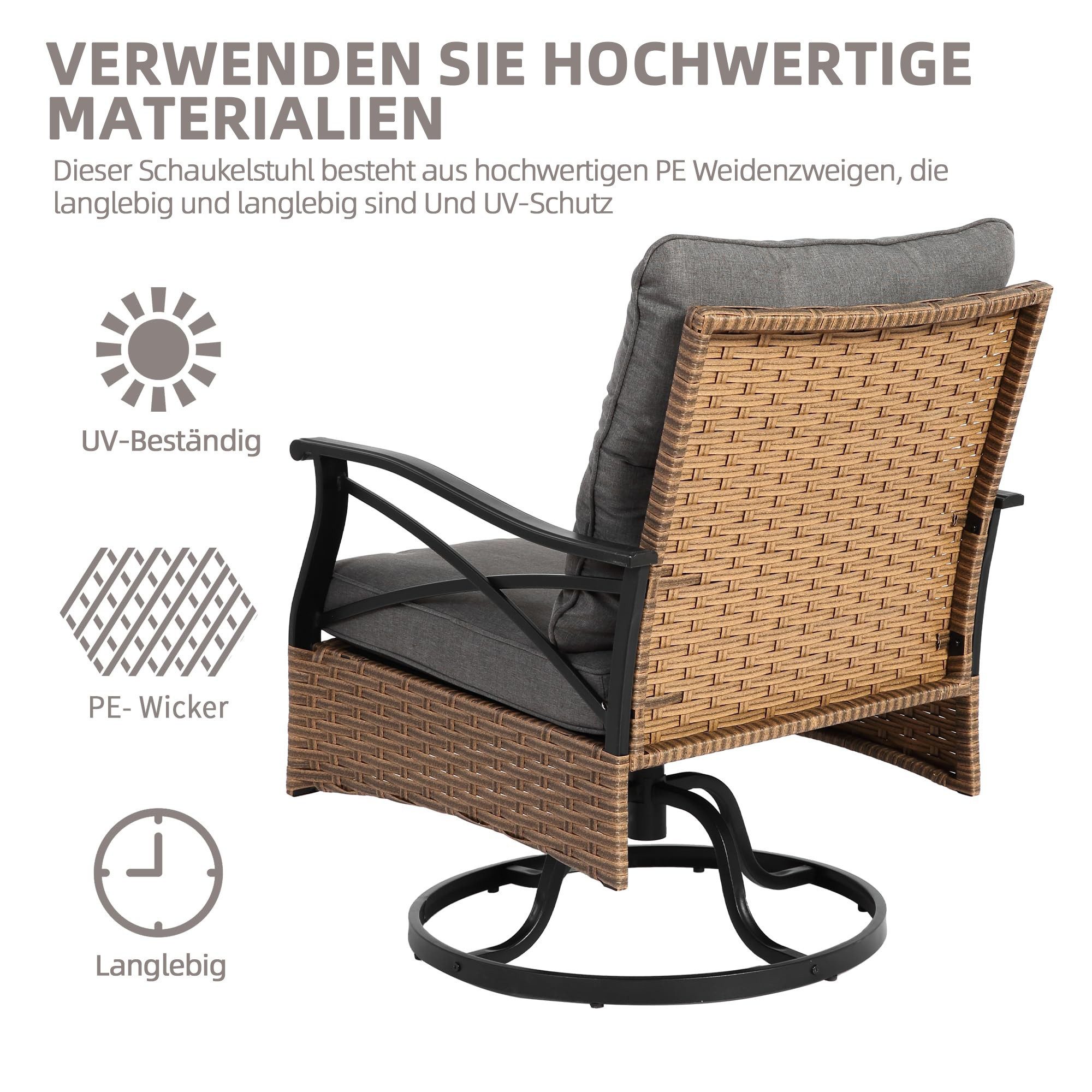 LVHOM Balkonset Outdoor-Loungeset, PE-Rattan Schaukelstuhl, (360° Swivel schwenkbar, 3-tlg. wetterfest, Gartenlounge-Set, Gartenbar-Set, Polstergarnitur, Schauk – Bild 5 von 5