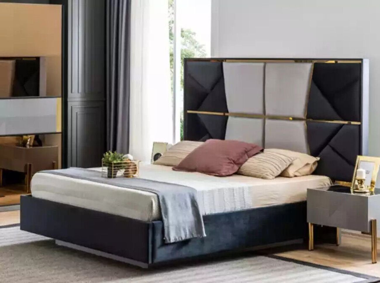 JVmoebel Schlafzimmer-Set Bett 2x Nachttische 3 tlg. Schlafzimmer Set Design Modern Gruppe, (3-St., 1x Bett + 2x Nachttische), Made in Europa