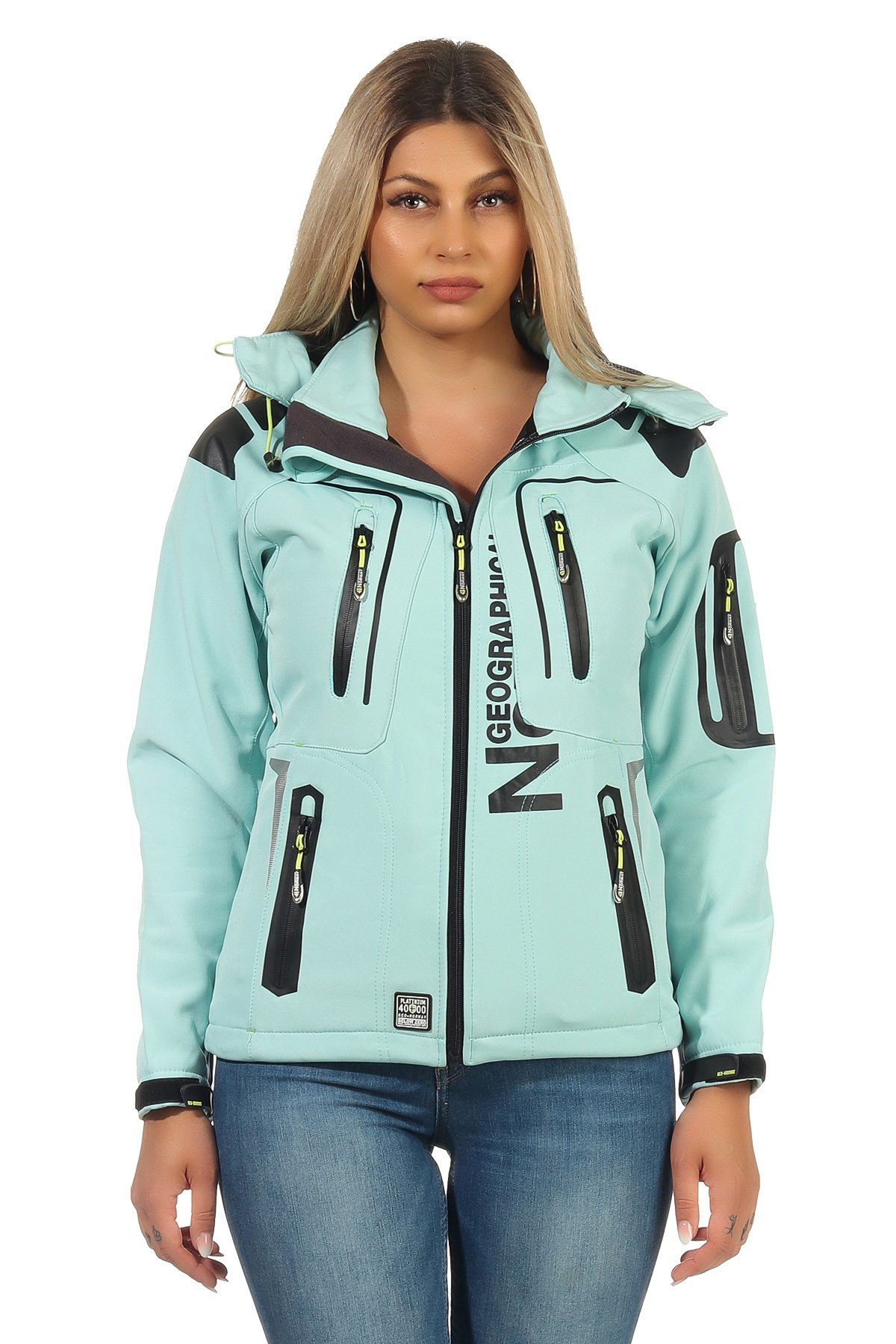 Geographical Norway Softshelljacke Geographical Norway Damen Softshelljacke G-Tansy by leyoley mit abnehmbarer Kapuze, hochschließender Kragen