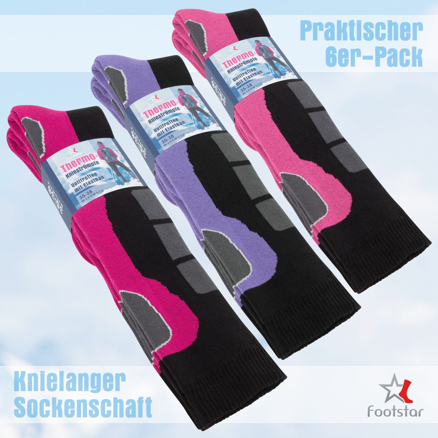Footstar Thermosocken Damen Winter Kniestrümpfe (6 Paar) mit Thermo Effekt