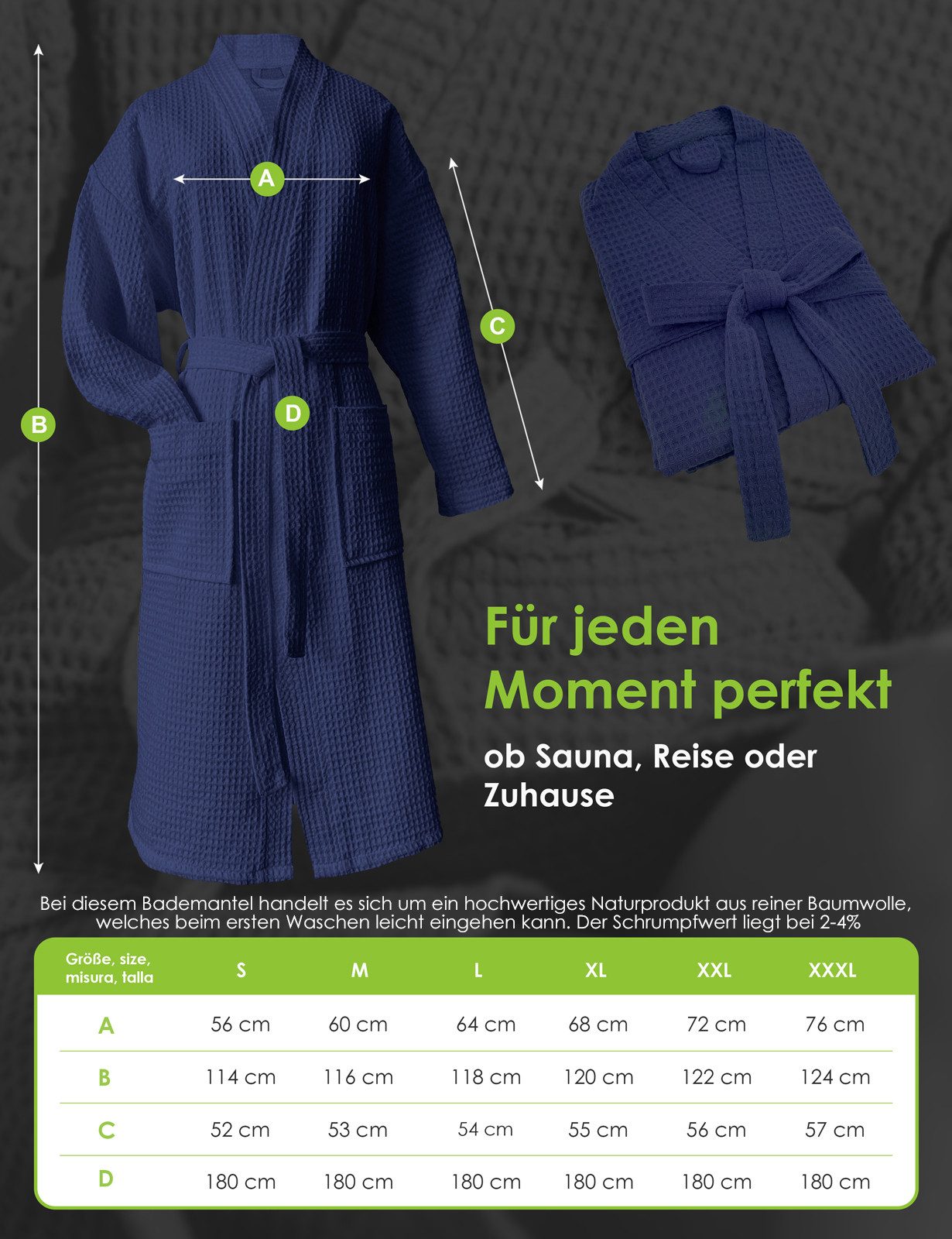 heimtexland Bademantel Reisebademantel Saunamantel Waffelpique Morgenmantel, Midilänge, Baumwolle, 2 Taschen I Bindegürtel, Gürtel, leicht I atmungsaktiv I klei – Bild 4 von 5