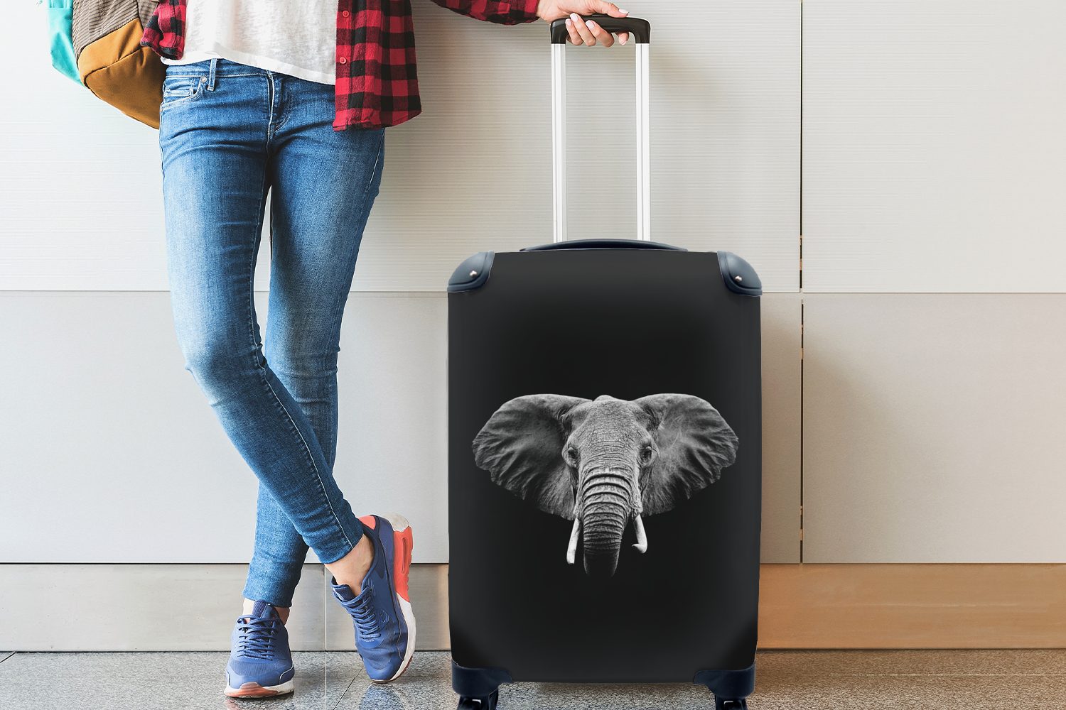 Trolley, auf Ferien, Elefant Reisetasche rollen, 4 und Handgepäck Hintergrund Reisekoffer schwarzem MuchoWow - weiß, Handgepäckkoffer schwarz Rollen, für mit