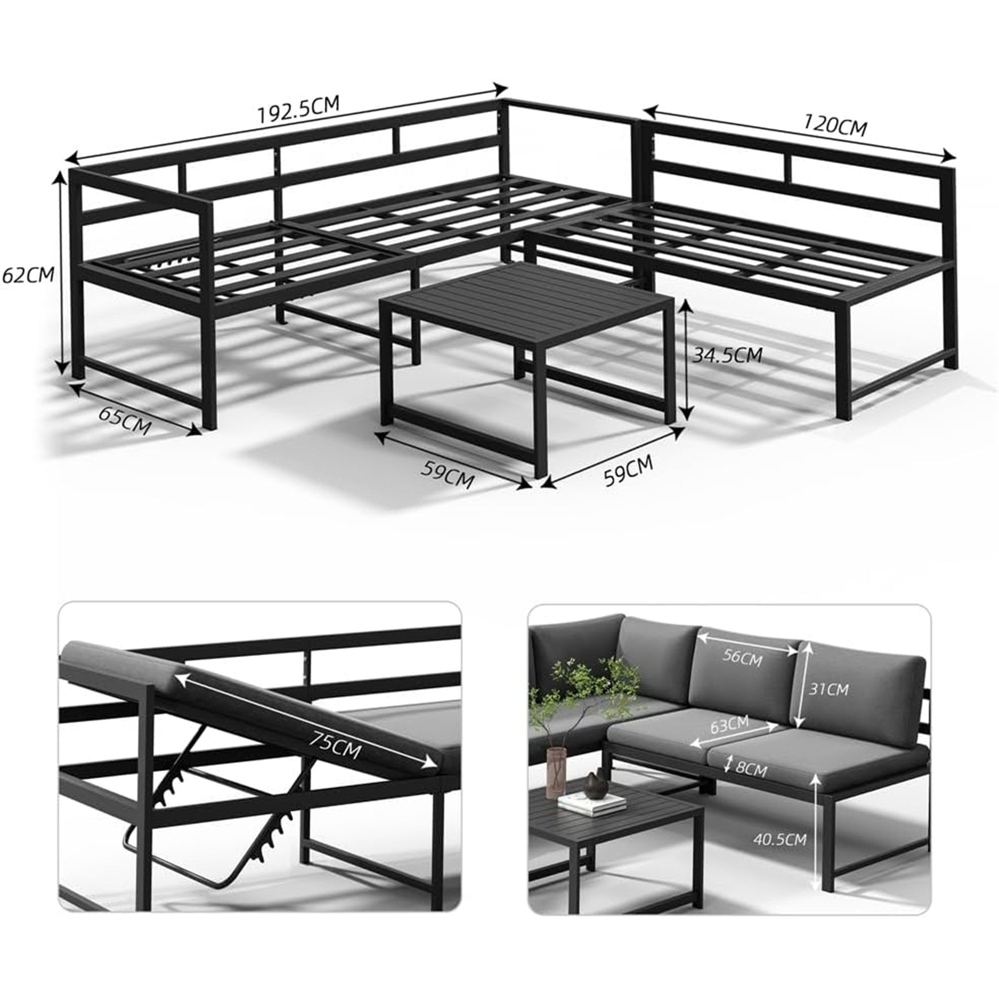 Mucola Gartenlounge-Set Ecksofa Aluminium mit Liegefunktion & Loungetisch wetterfest, (Gartenlounge-Set, 3-tlg., 3-teiliges Gartenlounge-Set), verstellbare Sitzfläche, Liegefunktion, Aluminiumgestell