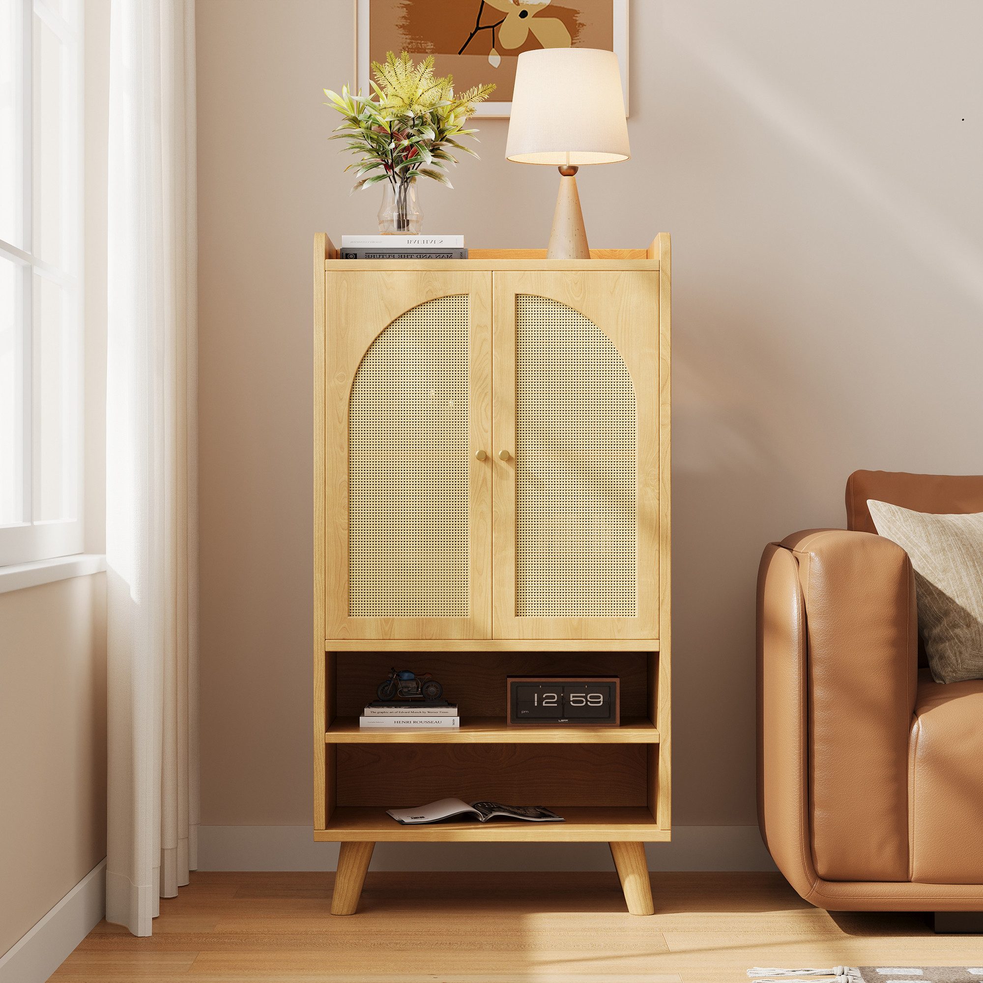 Sideboard Kommode mit 2 Rattantüren und 2 offenen Fächern
