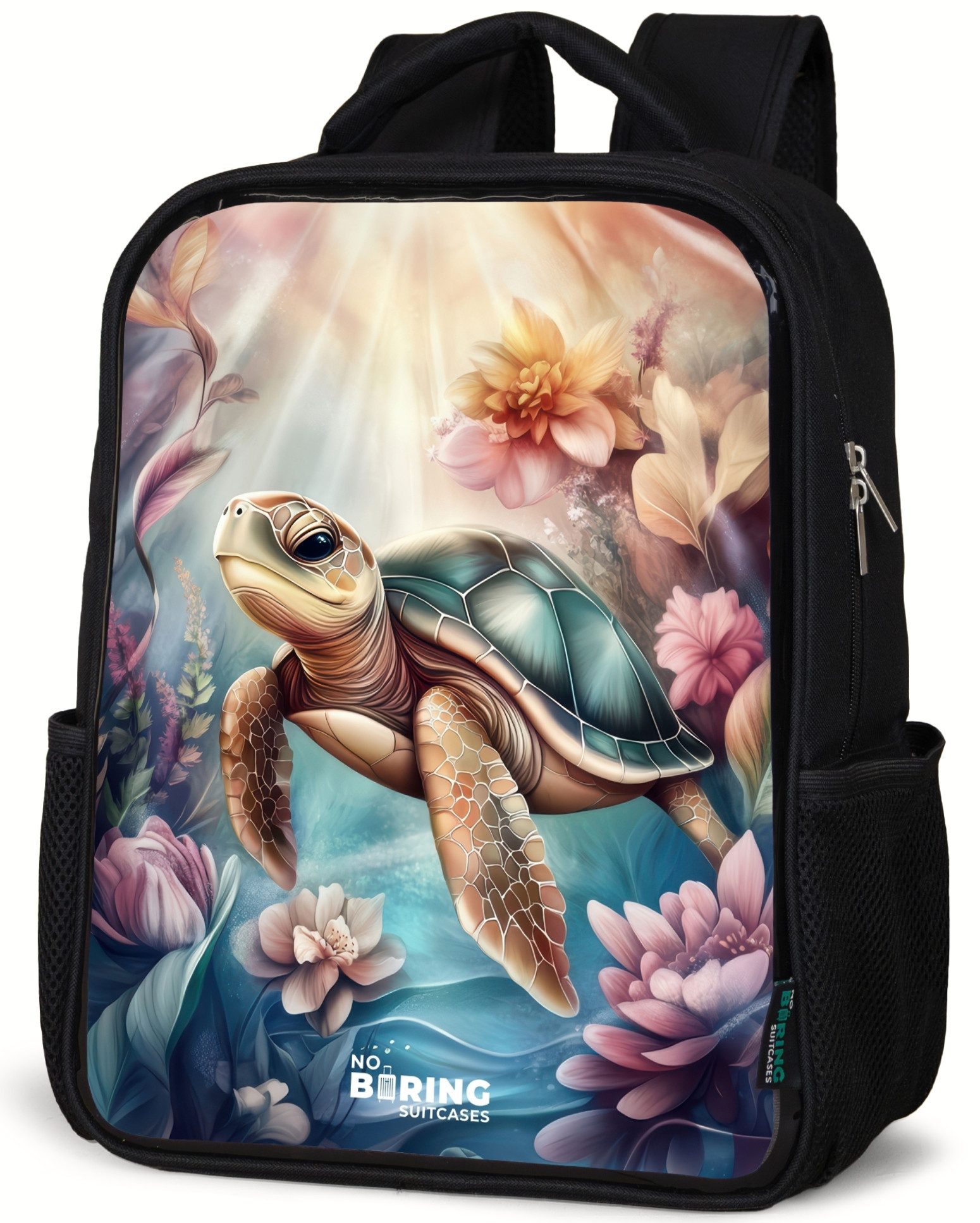 Rucksack Meeresschildkröte zwischen Unterwasserblumen