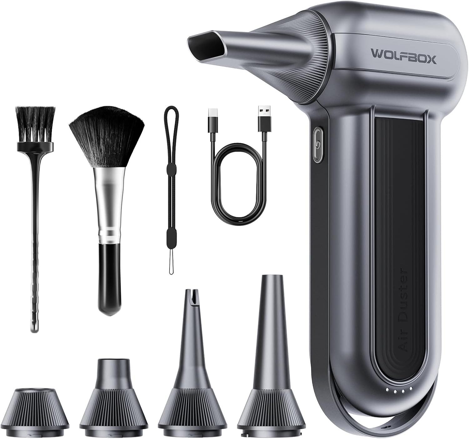 WOLFBOX Akku-Handstaubsauger Electric Air Duster mit drei einstellbaren Geschwindigkeitsstufen, 3-Gang-Staubgebläse, 150000 U/min, mit 5 Düsen und 2 Bürsten