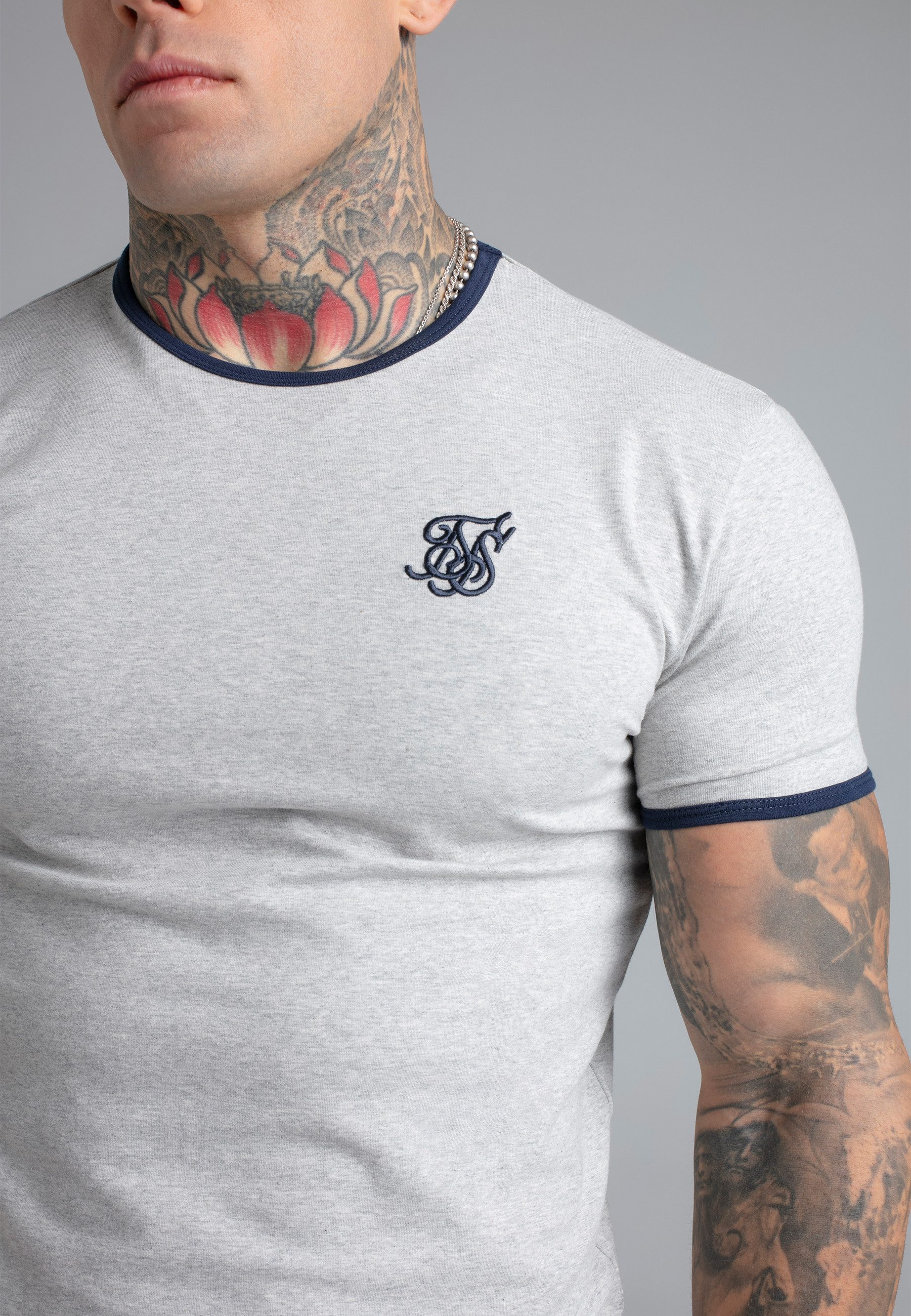 Siksilk T-Shirt SikSilk Herren Grau Marl and Navyblau Ringer T-Shirt