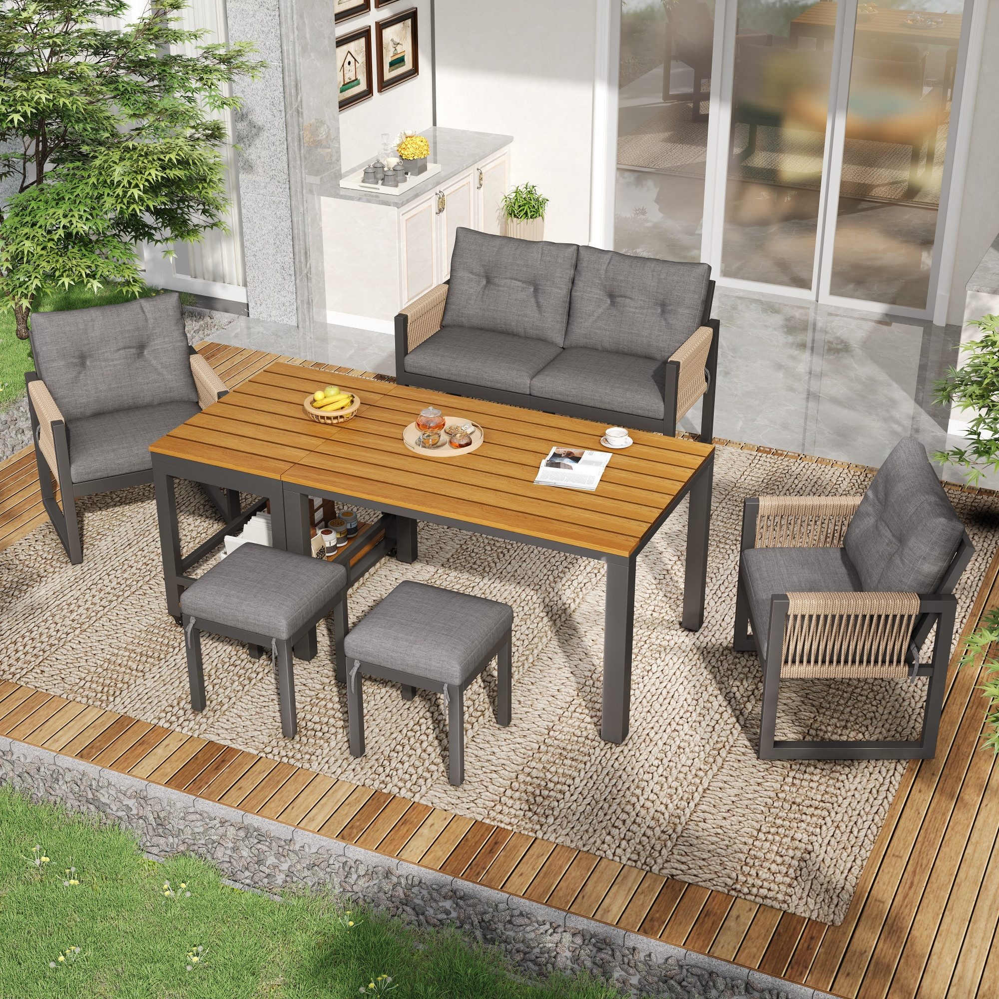 MC Star Gartenlounge-Set Modernes Outdoor-Sofa-Set, Freizeit- und Besprechungsset, (für mehrere Personen, Eisengestell, Geflochtene Armlehnen, Inklusive Sitzkissen, Multifunktionaler Tisch)