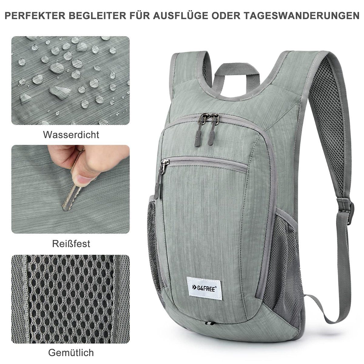 Wanderrucksack, Kleine Reise Outdoor Umhängetasche 15L G4Free Grau Faltbare