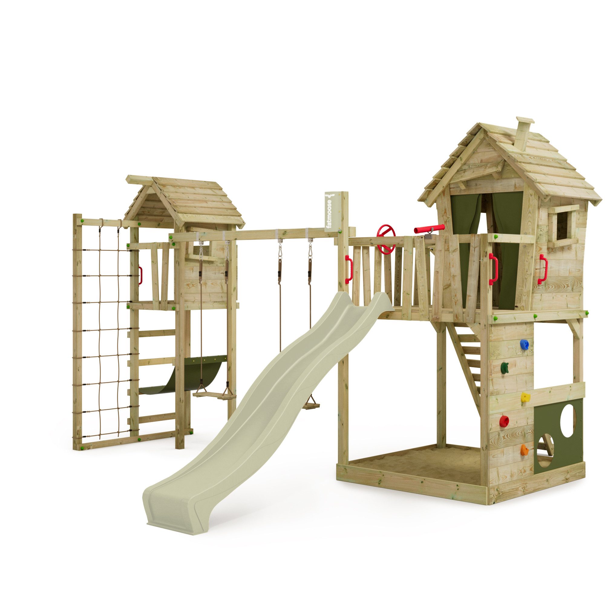 FATMOOSE Klettergerüst HappyHome Hot XXL Spielturm mit TowerSwing und Spielhaus, (gerade Kletterwand, schräge Kletterleiter und massive Sprossenleiter, Rutsche 3m mit Wasseranschluss - Spielhaus auf Podest mit Ladentheke), extrem witterungsbeständig mit 10 Jahren Garantie*