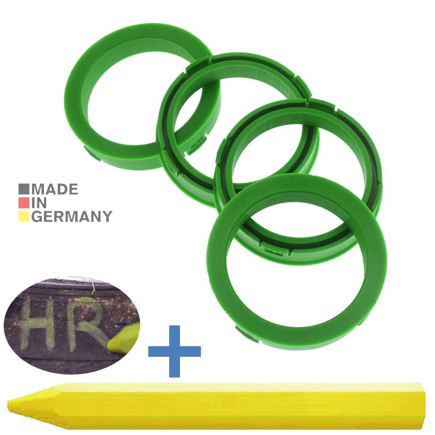 RKC Reifenstift 4X Zentrierringe Hellgrün Felgen Ringe + 1x Reifen Kreide Fett Stift, Maße: 73,1 x 58,6 mm