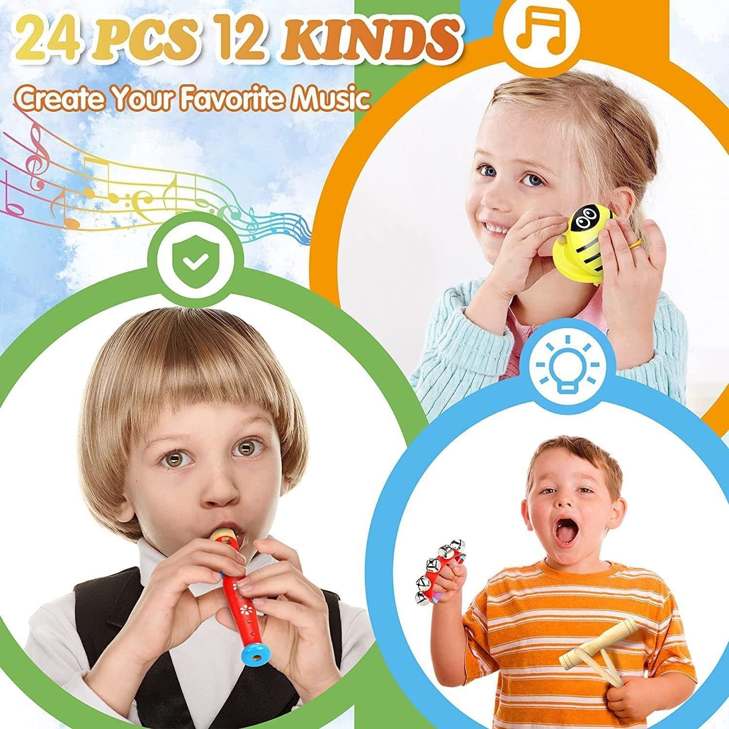 POPOLIC Spielzeug-Musikinstrument 24 Stück Instruments Percussion Holzspielzeug, (1-teiliges Set, 1 tlg., Perfektes Geschenk für Jungen und Mädchen ab 3 Jahren), Kinderspielzeug Geschenke für Kleinkinder