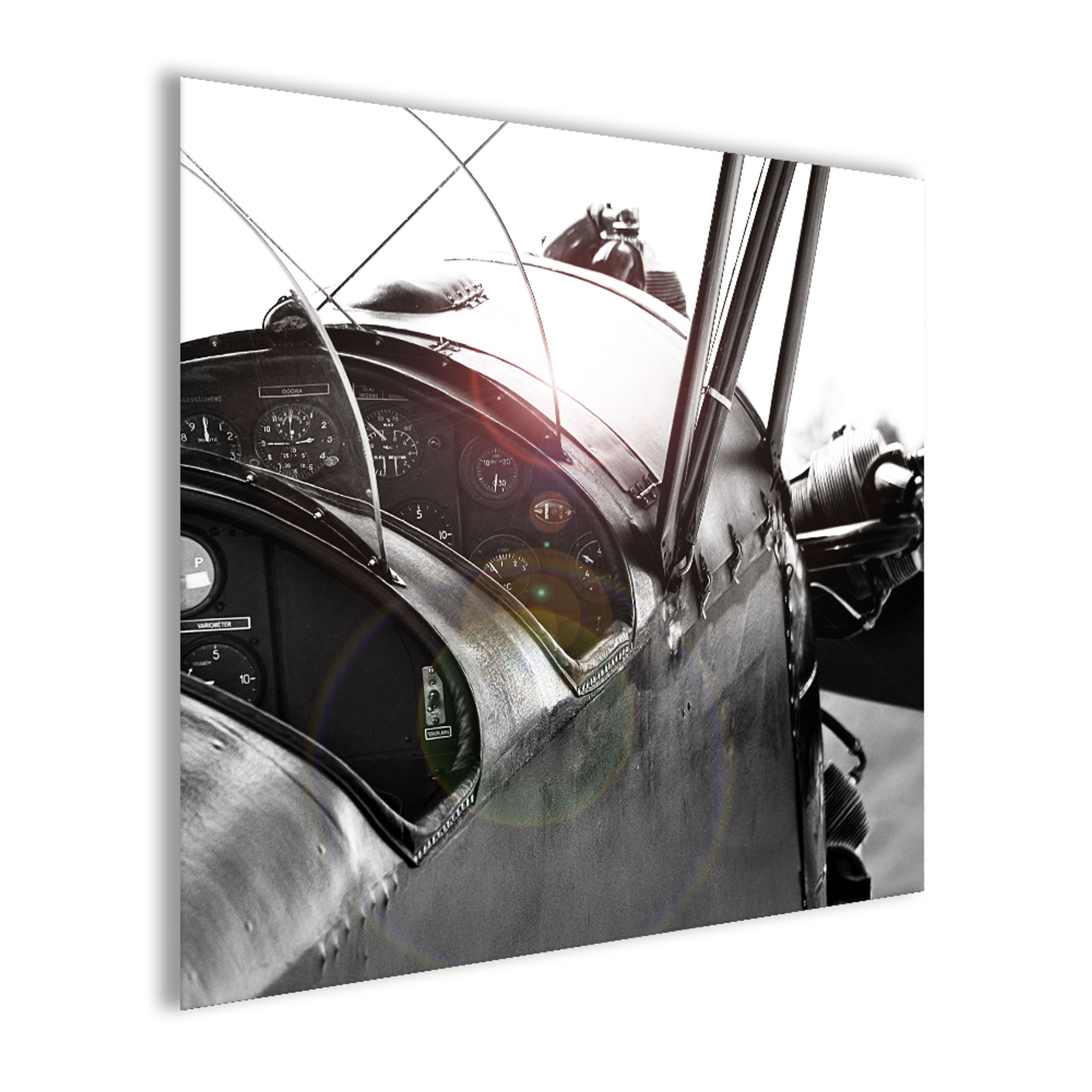 artissimo Glasbild Bild aus Glas 30x30 cm / Wandbild qaudratisch retro, schwarz-weiß Foto: Vintage Flugzeugcockpit