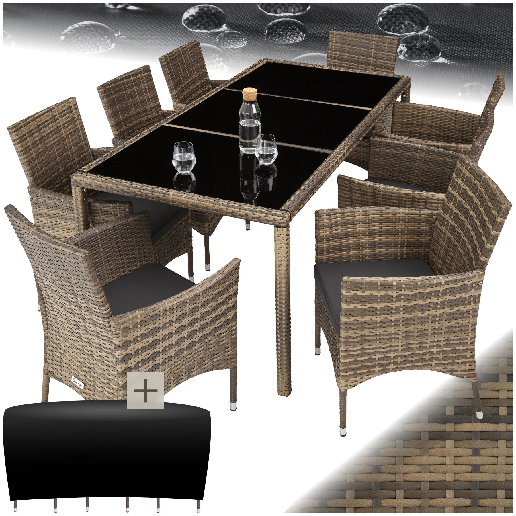 tectake Sitzgruppe Rattan Garnitur Almansa mit Schutz und Polstern, (Rattan lounge set almansa, 9-tlg., in natur/dunkelgrau), UV-beständig und pflegeleicht