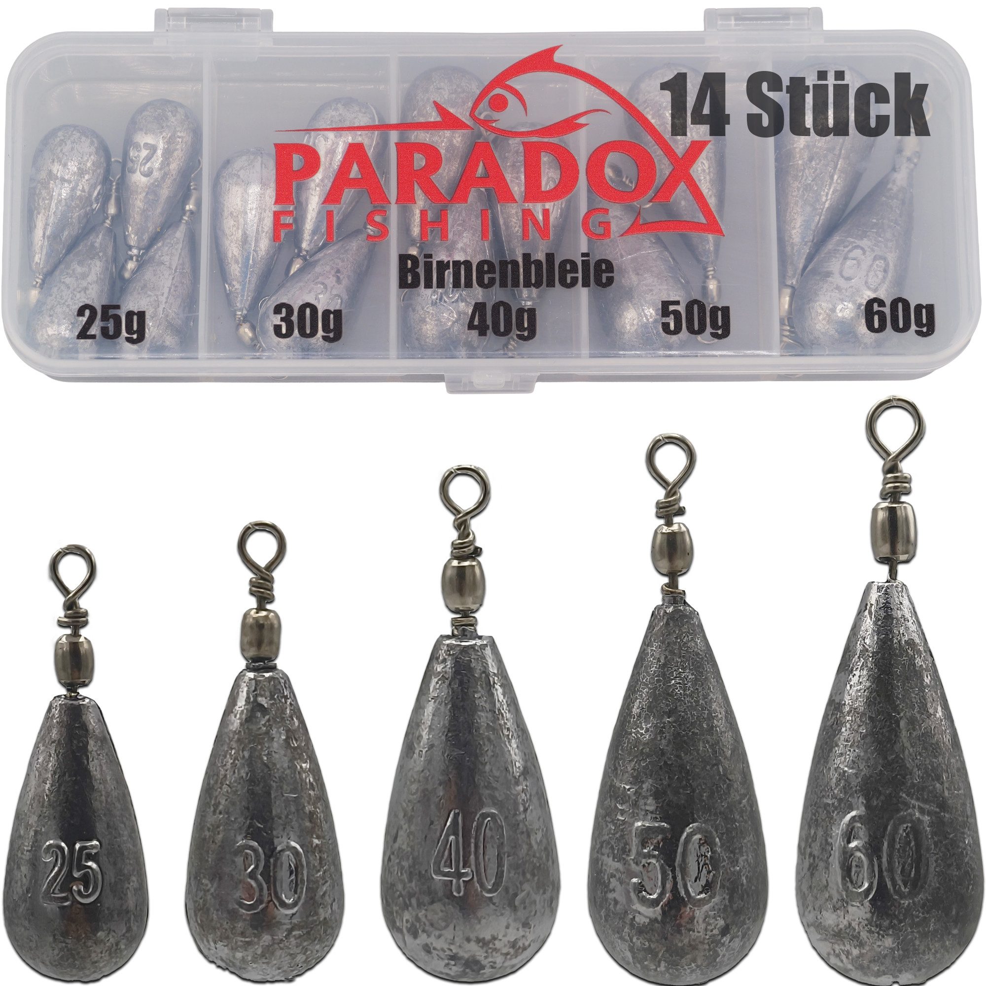 Paradox Fishing Angelgewicht Birnenblei Set, integrierter Wirbel Box