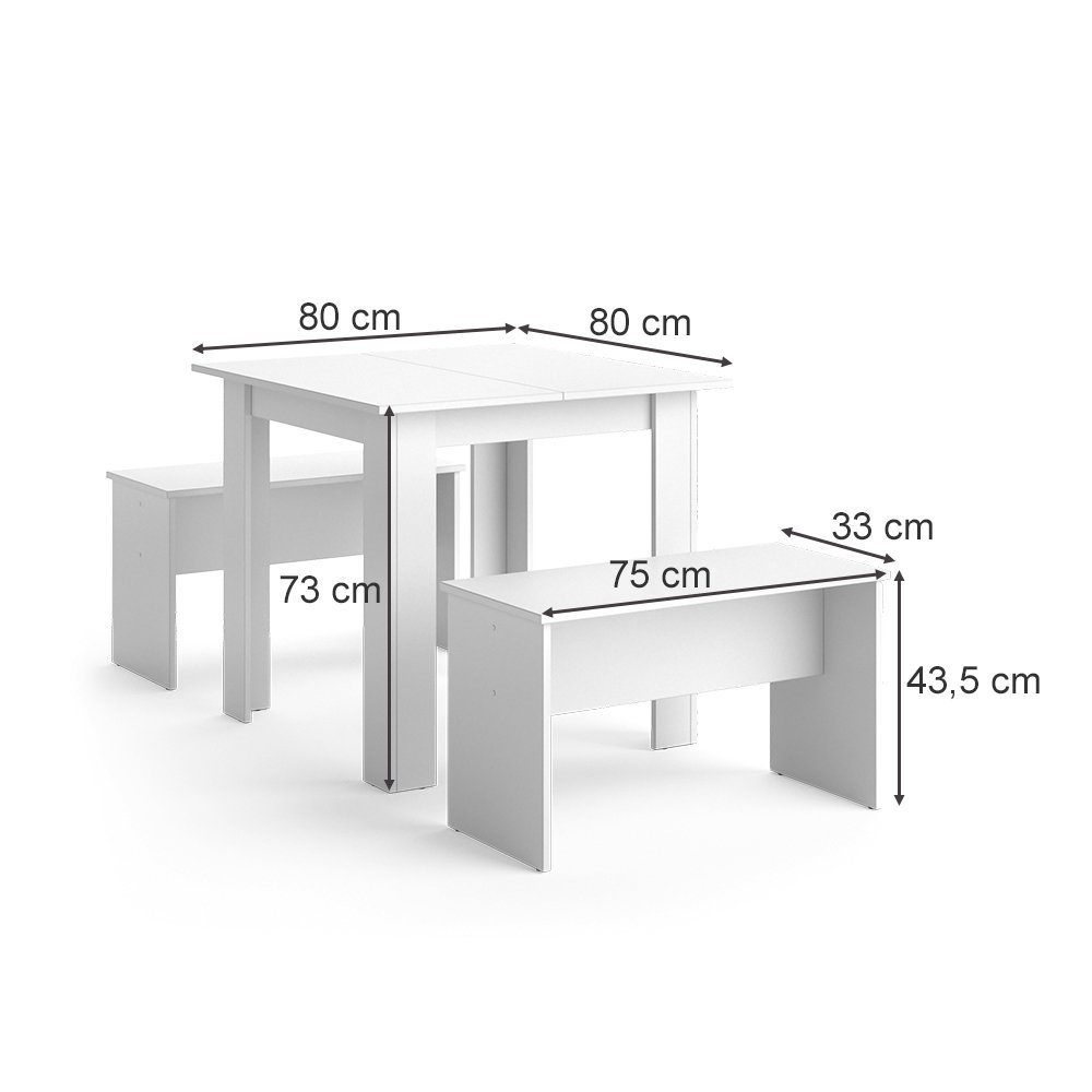 Vicco Sentio, Weiß, 80 x 80 cm mit 2 Bänken, (Set, 3-tlg., 3-er Set), platzsparend