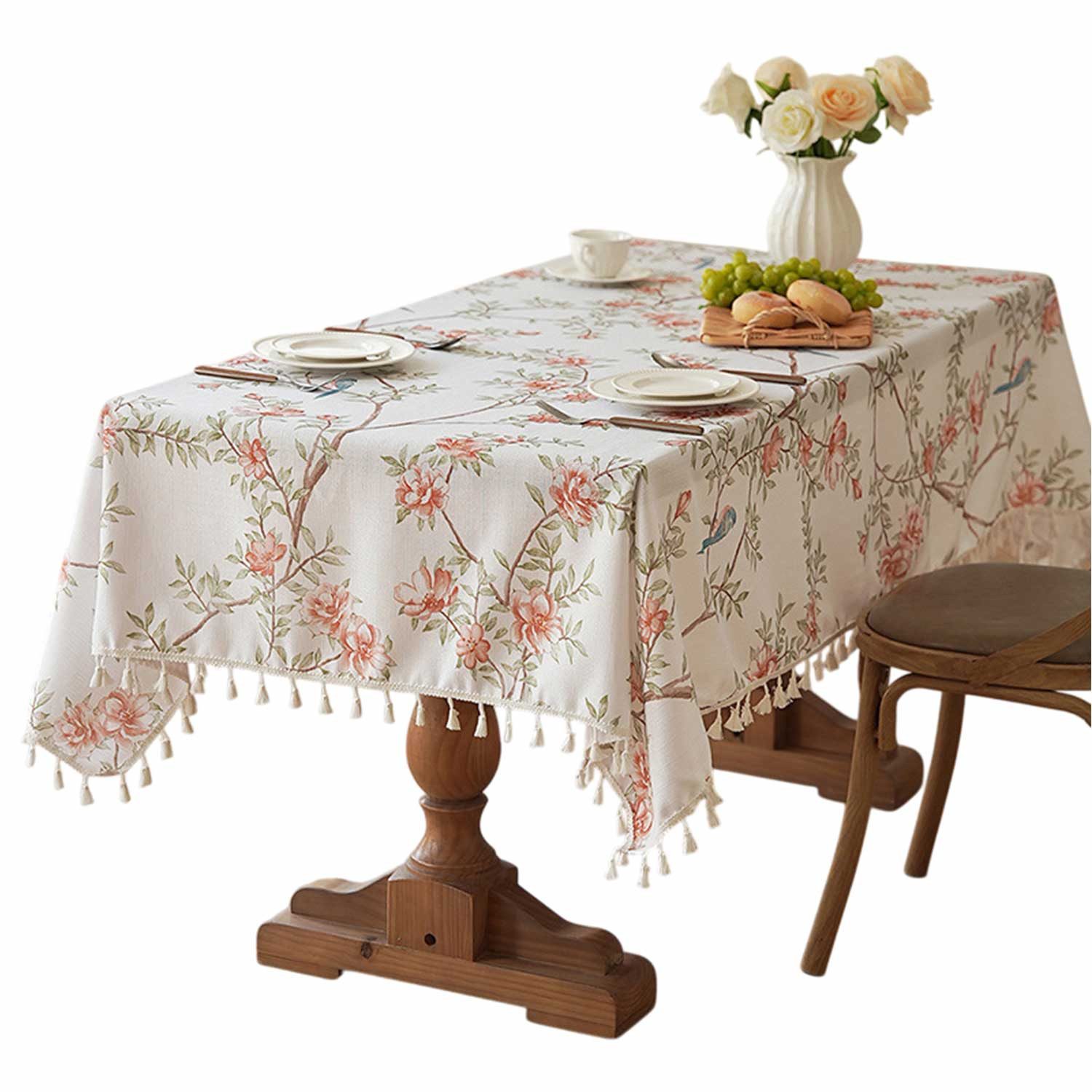 Tischdecke Tischdecke mit Blumen und Vogelmuster, Quaste Dekoration,Party Dekor