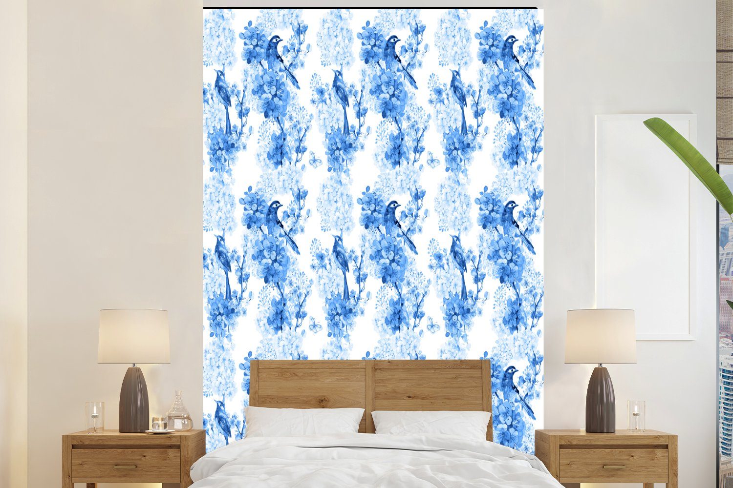 MuchoWow Fototapete Blumen - Blüte - Collage - Blau, Matt, bedruckt, (3 St), Montagefertig Vinyl Tapete für Wohnzimmer, Wandtapete