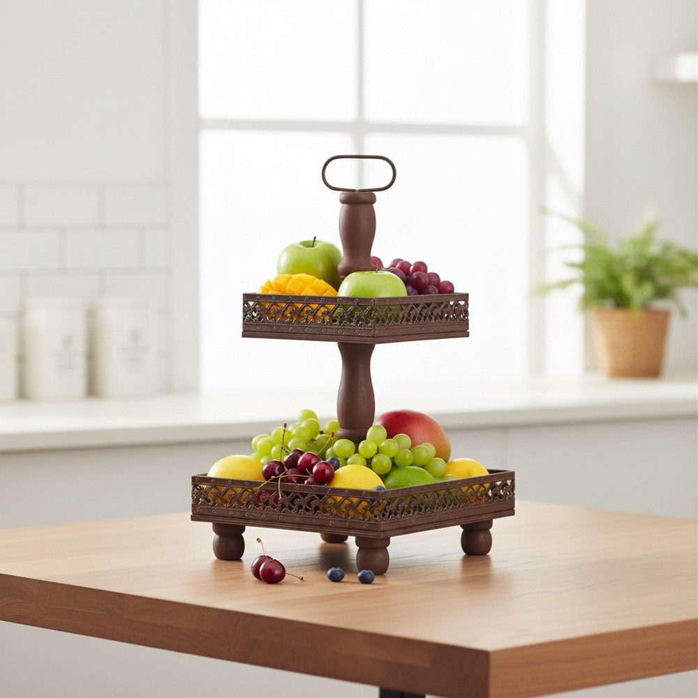 Melko Etagere Servierplatte Servierständer Etagere 2 Stöckig Holz Braun Weiß 51 CM, Metall, (Stück, 1-tlg., Servierschale), Massivholz