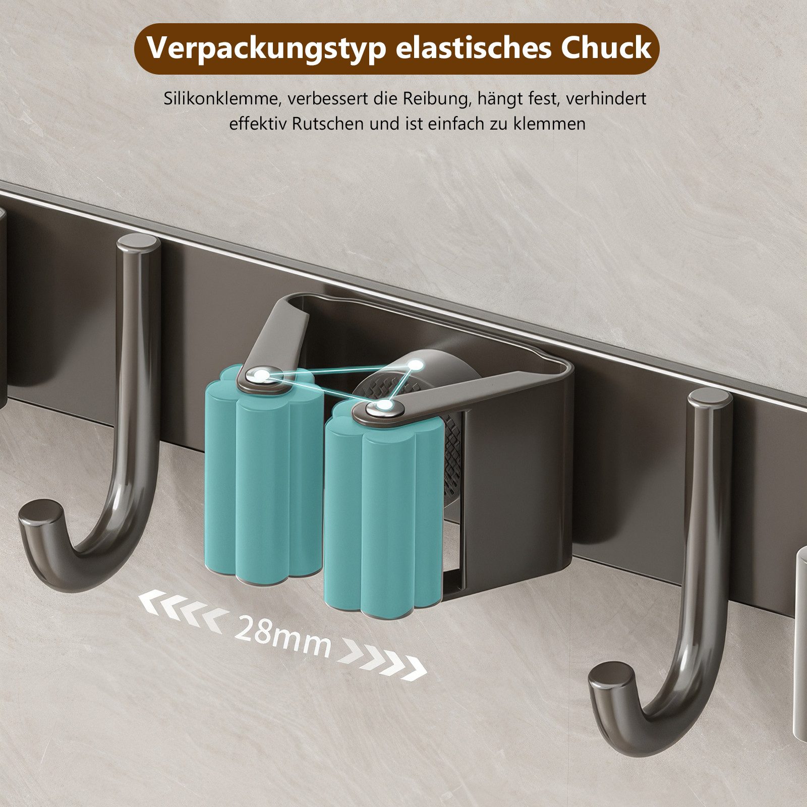 BlingBin Wandhaken Besenhalterung Wand Ohne Bohren, Besenhalter mit 5 Halter und 6 Haken, (1er Set, 1-St., mit 5 Halter und 6 Haken), Selbstklebend Edelstahl Organizer für Badezimmer, Garage, Garten