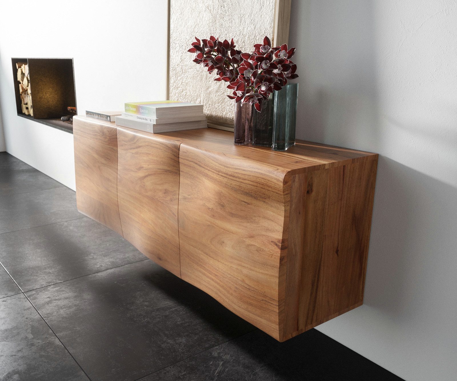 DELIFE Sideboard New, Live-Edge Akazie Natur 145 cm 3 Türen schwebend Sideboard