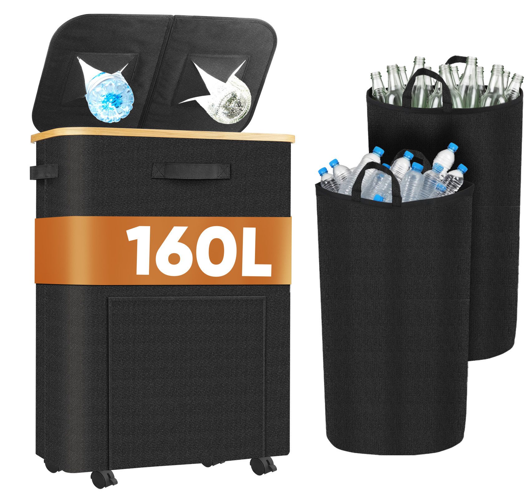 ElitVita Flaschensammler 160L Pfandflaschen Sammelbehälter–2 Fächer mit Deckel, 4 Rollen (1 St), Fasst 90 Leere Flaschen– ideal für Haushalt, Hof oder Getränkemarkt