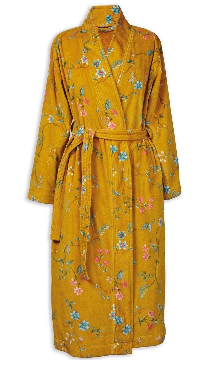 PiP Studio Bademantel Les Fleurs in Yellow, Baumwolle, Schalkragen, Bindegürtel