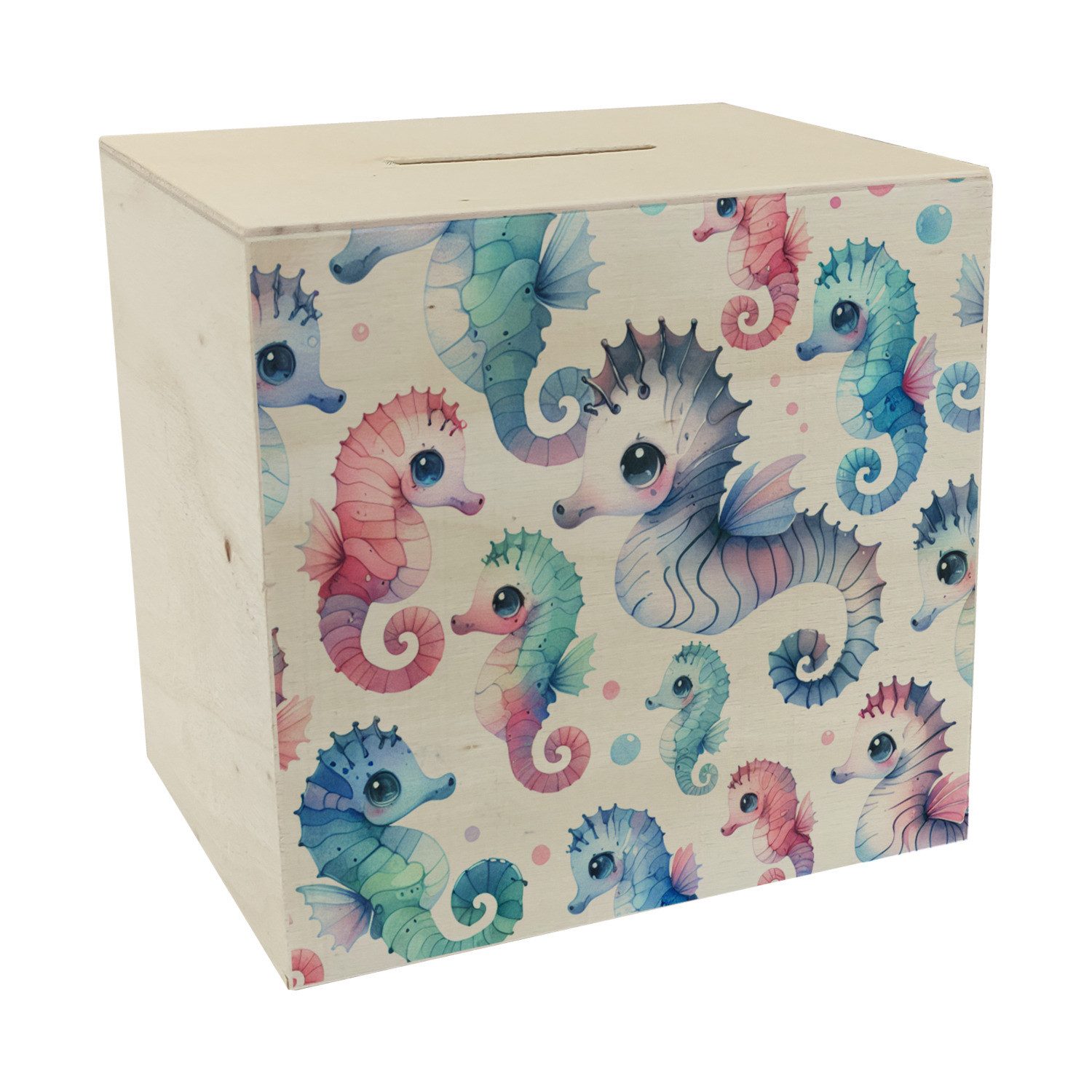 Spardose Seepferdchen Aquarell Spardose aus Holz