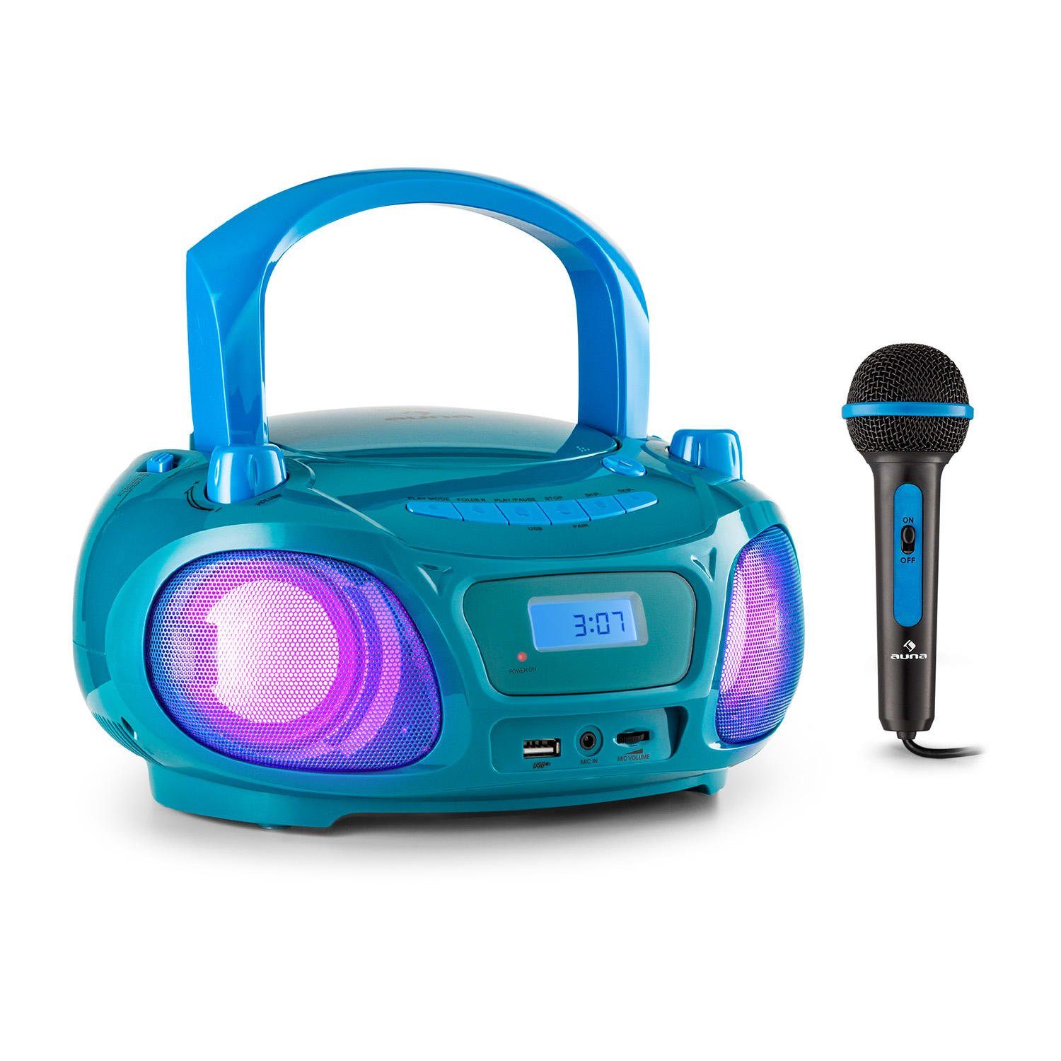 Auna »Roadie Sing CD Boombox UKW-Radio Lichtshow CD-Player Mikrofon«  Boombox (FM-Radio, Kinder CD Player tragbar Musikbox Bluetooth tragbarer CD  Spieler Radio mit Bluetooth Soundbox)