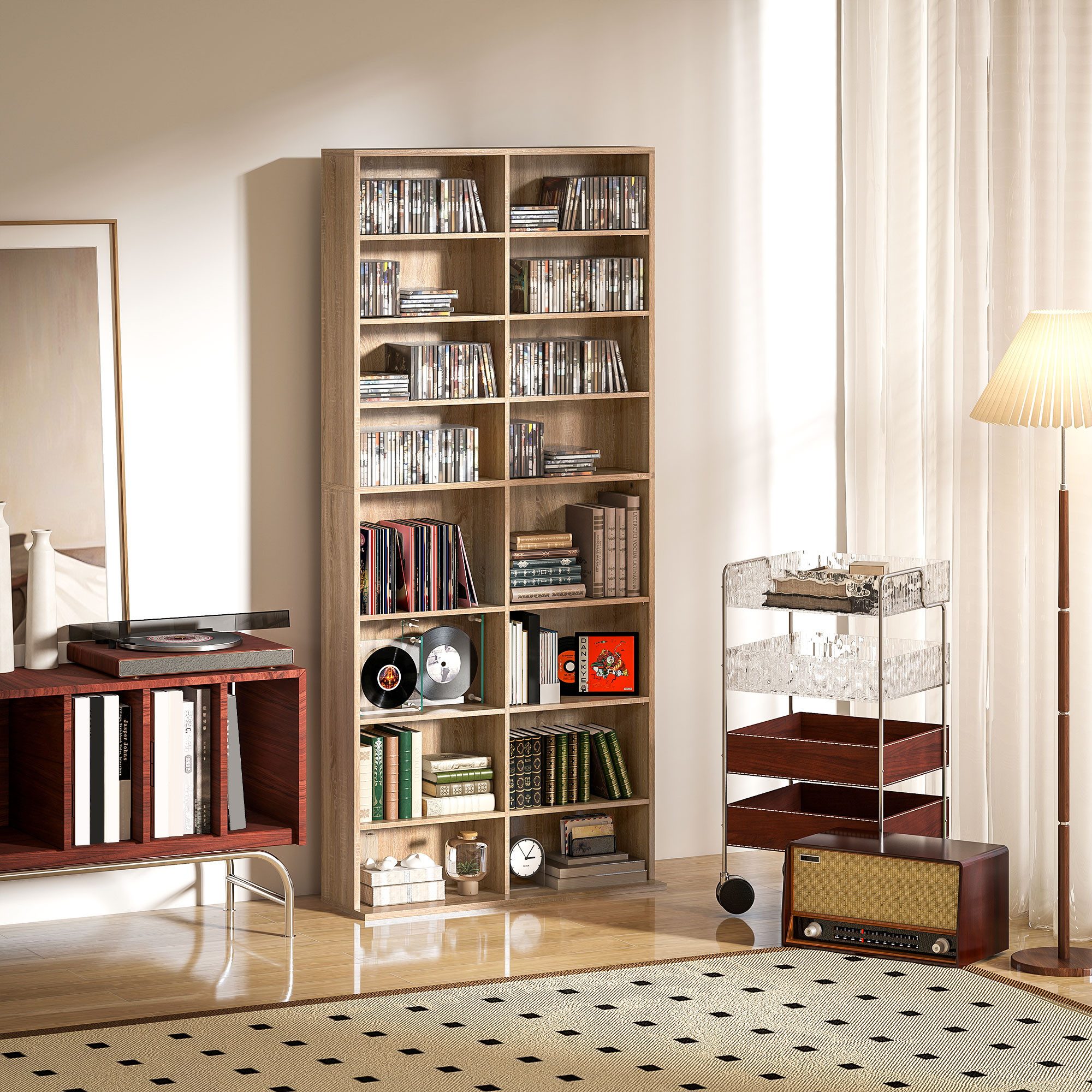 HOMCOM CD-Regal CD-Ständer mit verstellbaren Regal Bücherregal Medienregal, CD DVD Blueray Regal 1-tlg., fürs Wohnzimmer 24 x 175 cm Natur