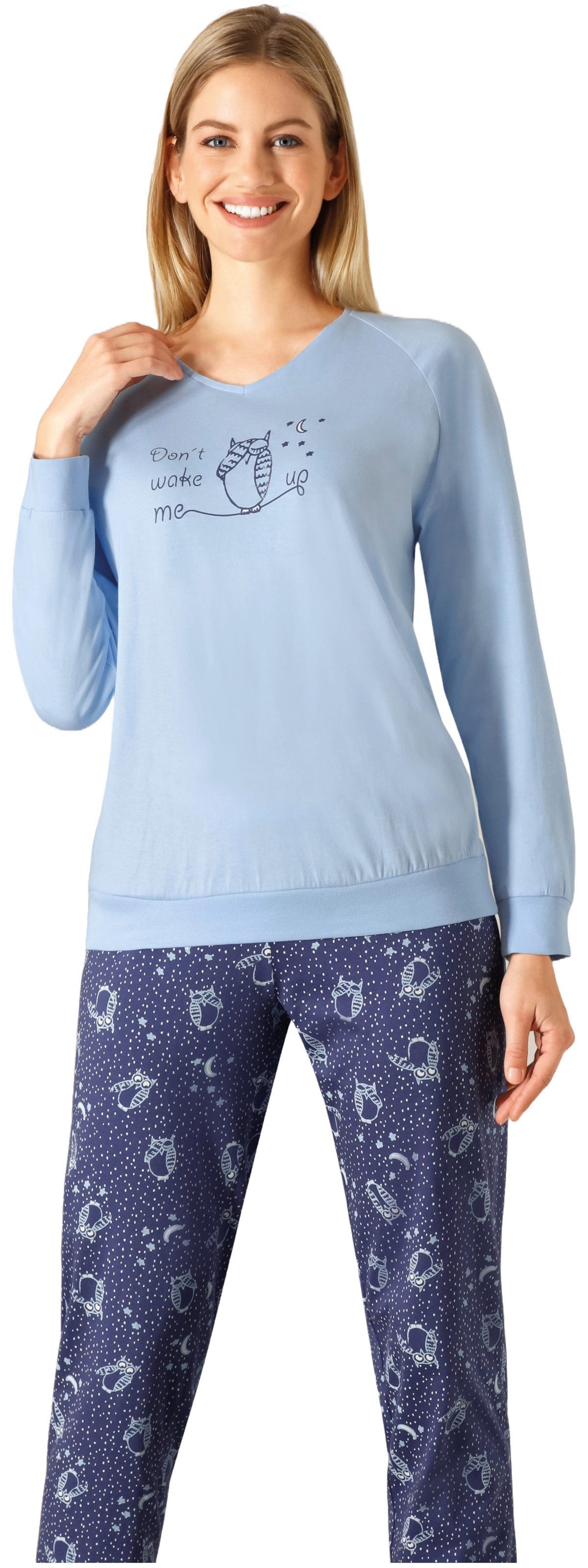 Hajo Schlafanzug Damen Pyjama Langarm Eule (2 tlg) Baumwolle