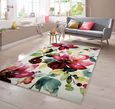 Teppich Designer Teppich mit Blumenmotiv Creme Grün Türkis Rosa Pink, TeppichHome24, rechteckig